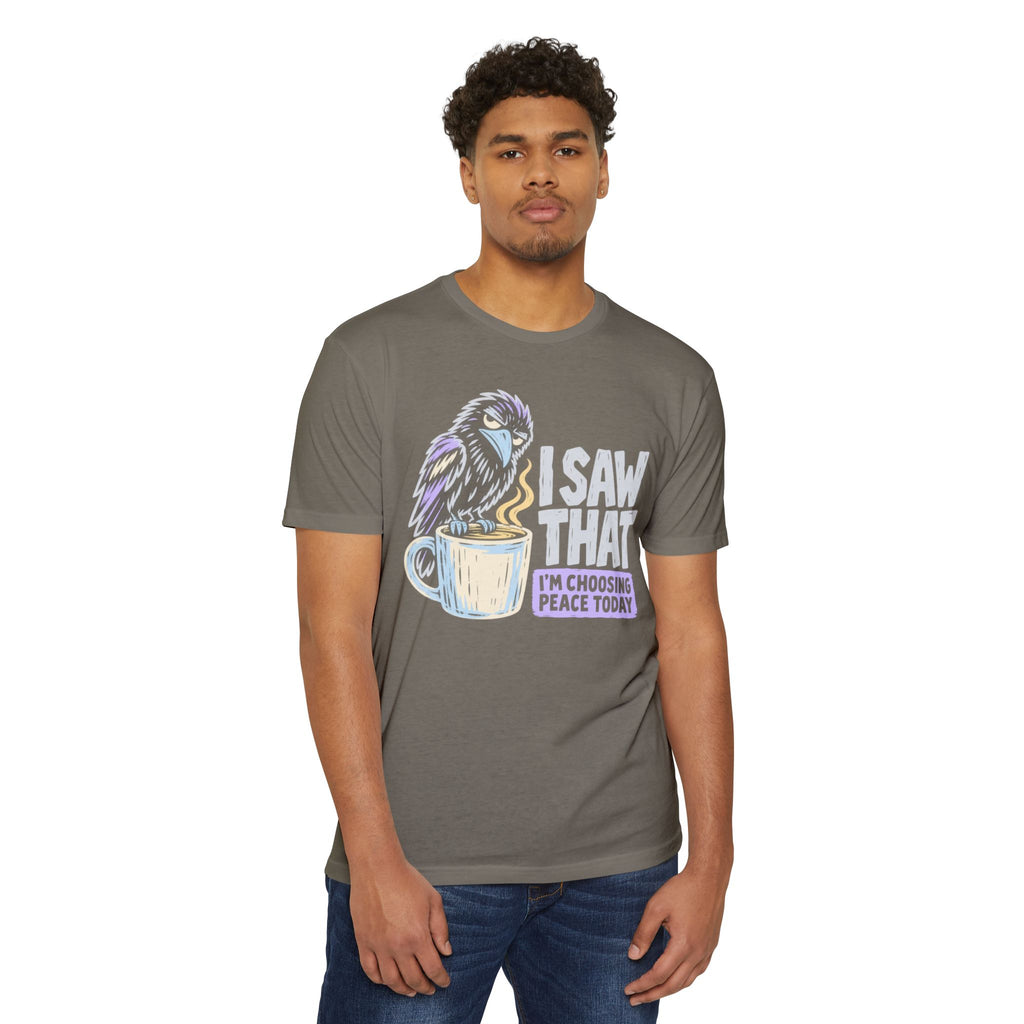 Taupe t-shirt with raven and coffee mug graphic and peace quote, crew neck