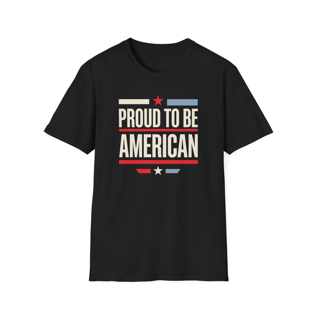 Black T-shirt with 'Proud To Be American' star-and-stripe graphic on chest