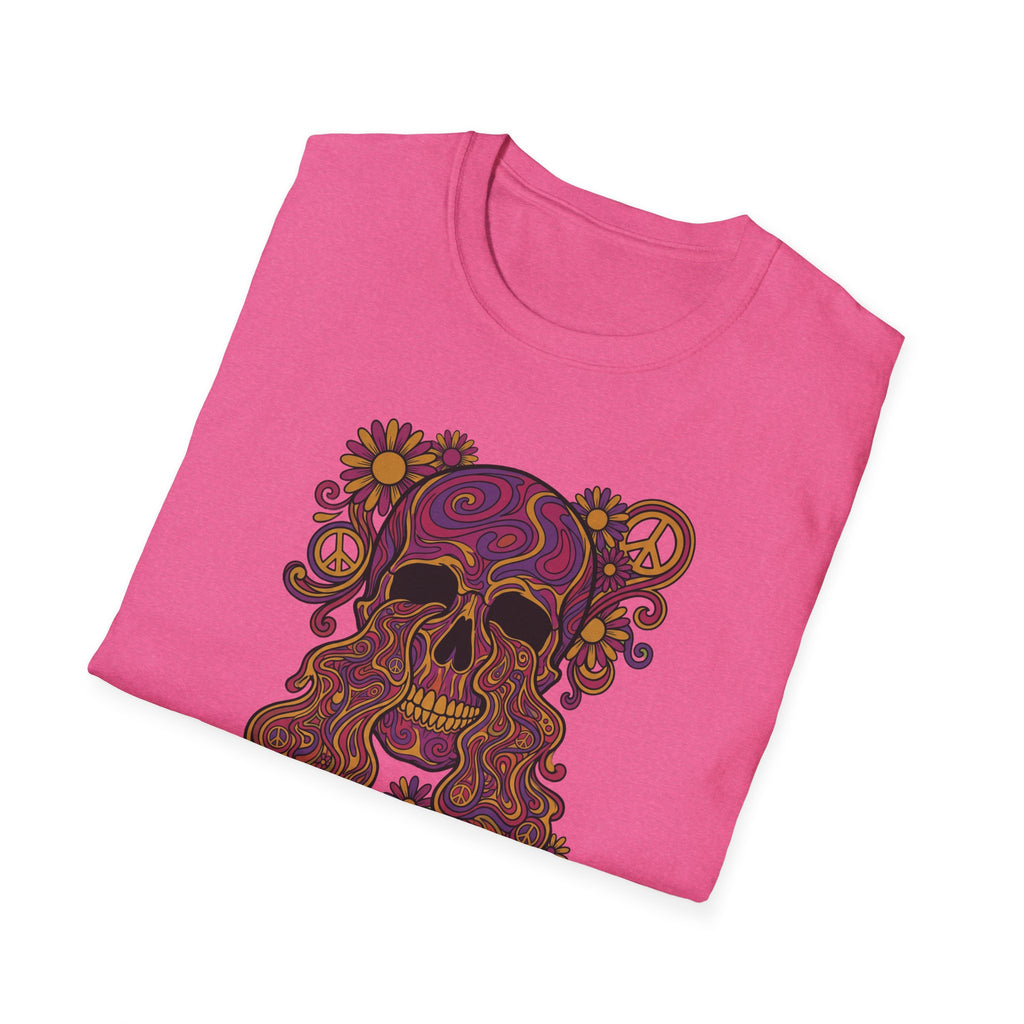 Pink T-shirt with colorful psychedelic floral skull and peace symbols graphic