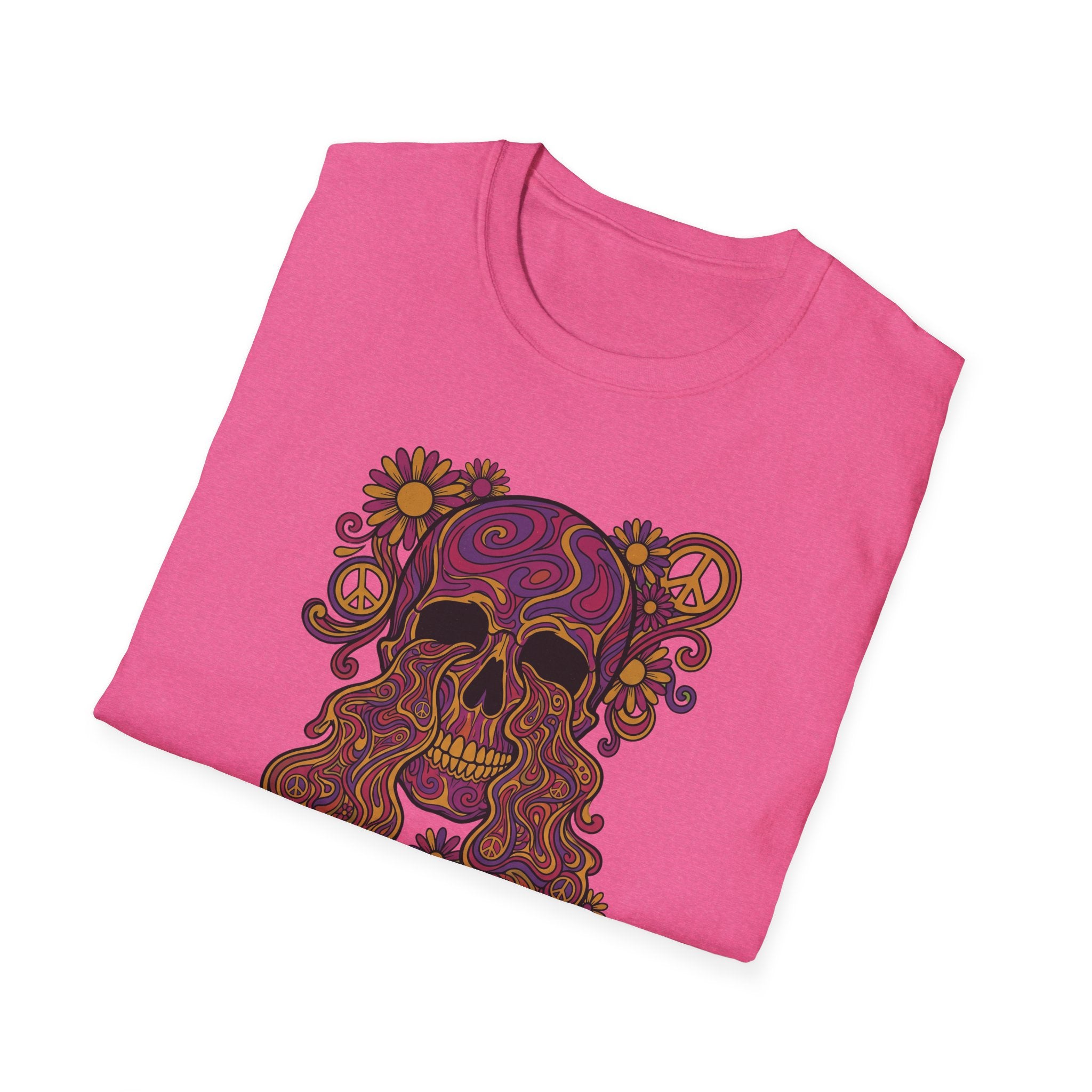 Pink T-shirt with colorful psychedelic floral skull and peace symbols graphic