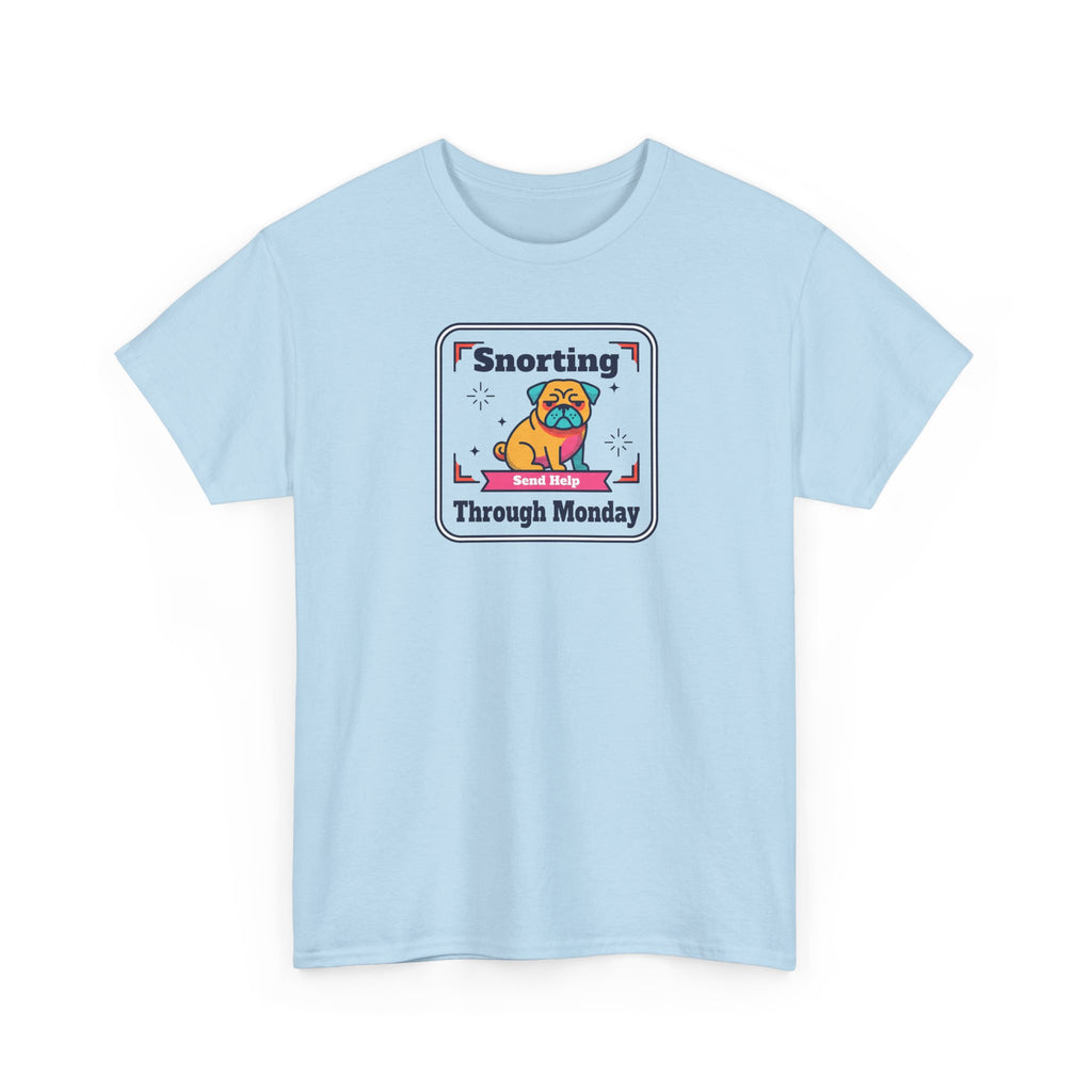 Light blue crewneck T-shirt with pug graphic badge on the front.