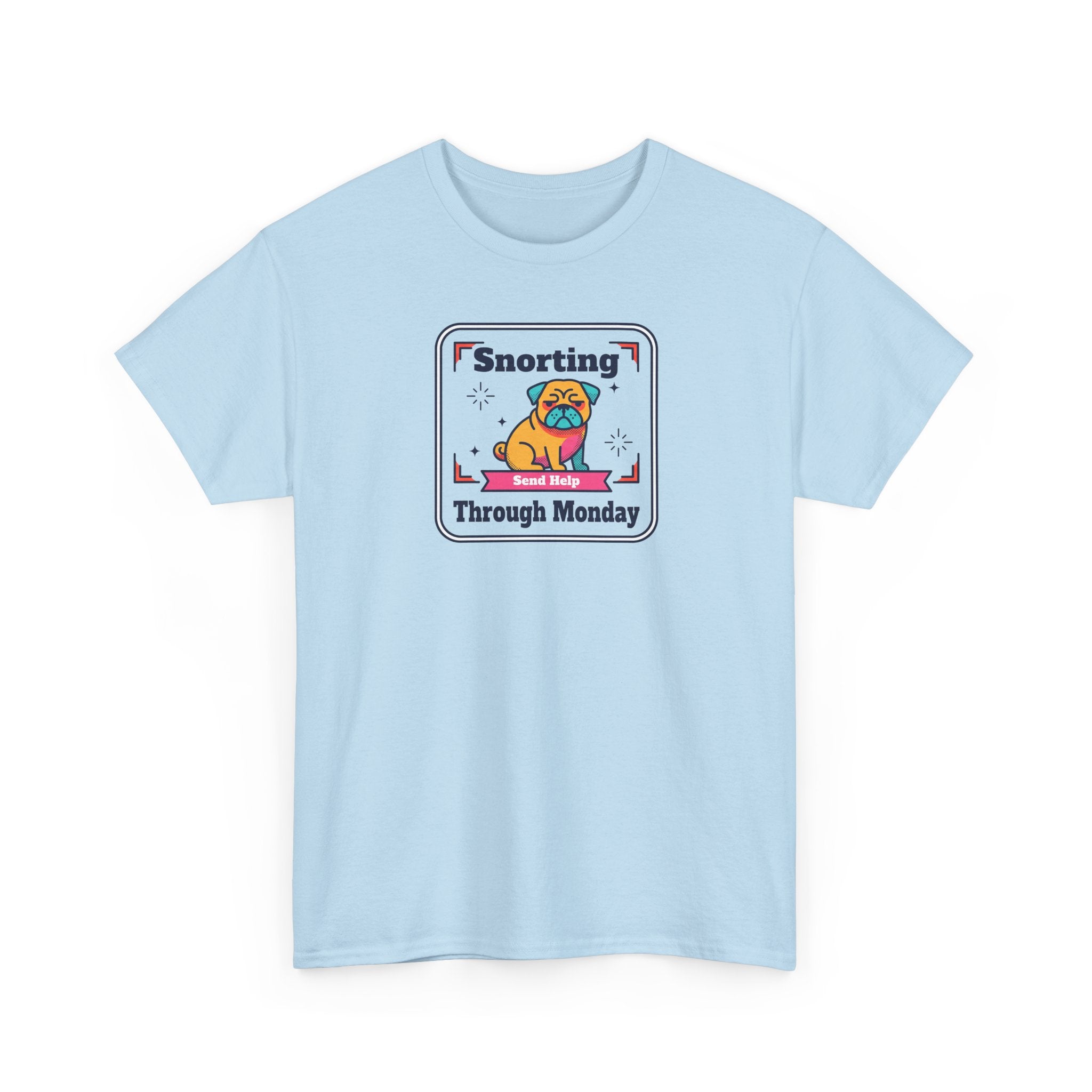 Light blue crewneck T-shirt with pug graphic badge on the front.