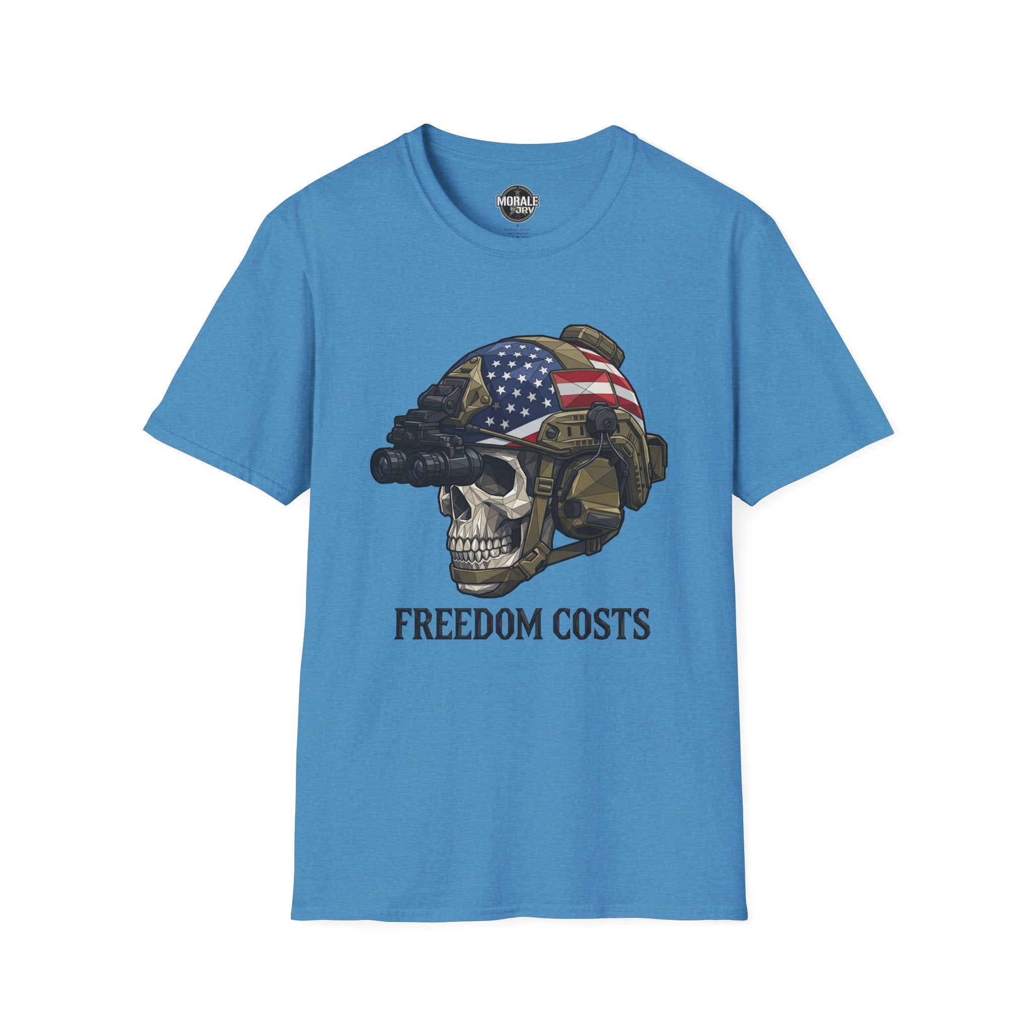 Blue tee: skull soldier helmet with U.S. flag graphic and "FREEDOM COSTS"