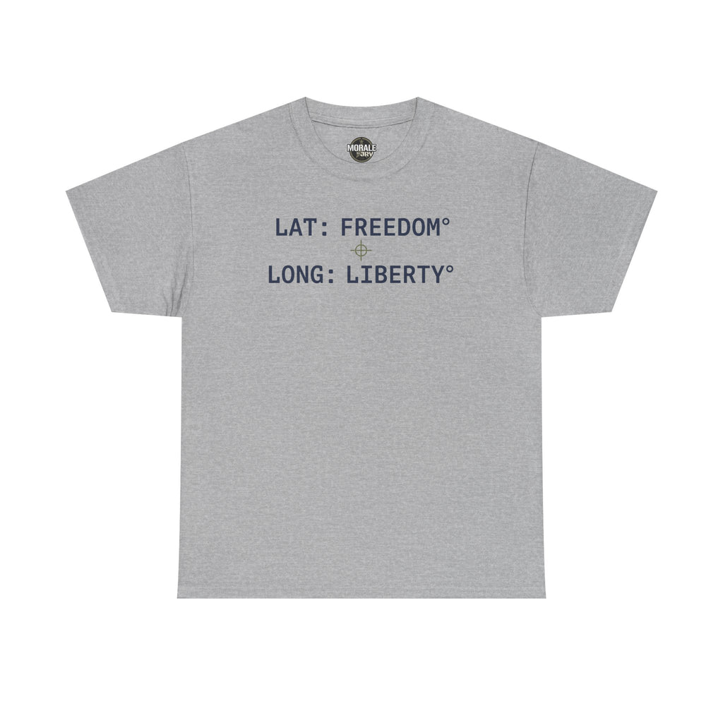 Sport grey T-shirt with "LAT: FREEDOM" and "LONG: LIBERTY" graphic