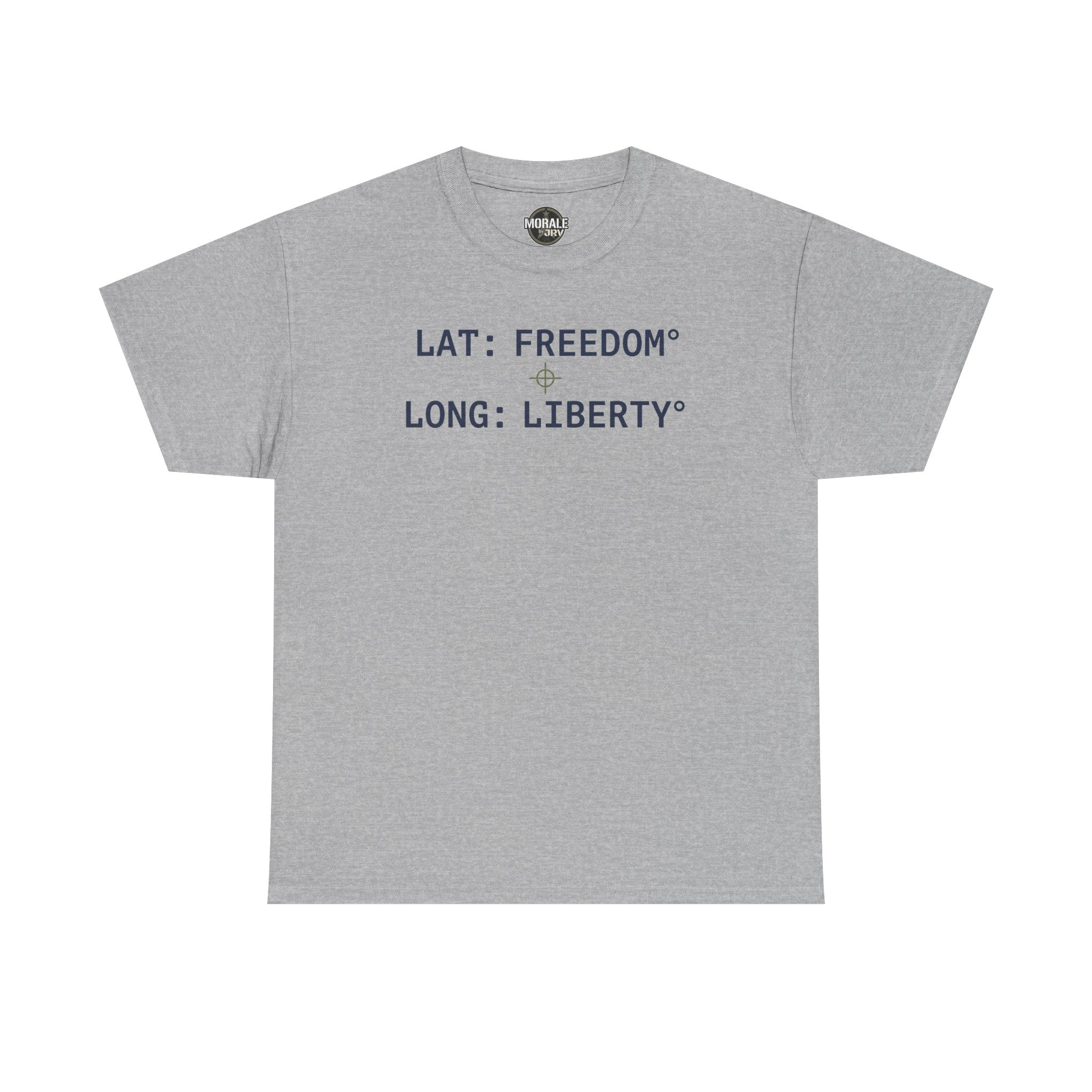 Sport grey T-shirt with "LAT: FREEDOM" and "LONG: LIBERTY" graphic