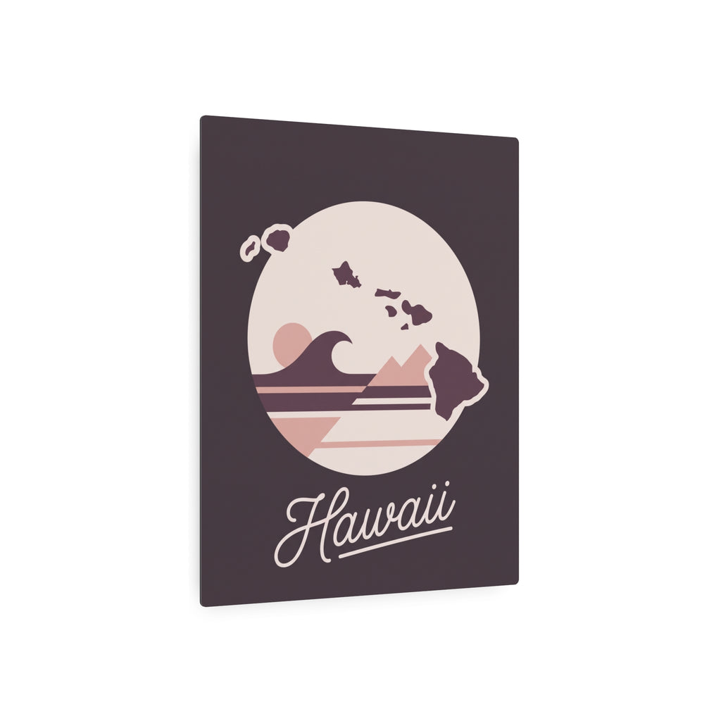 Square metal wall art showing Hawaii silhouette, ocean waves, and 'Hawaii' script on dark background