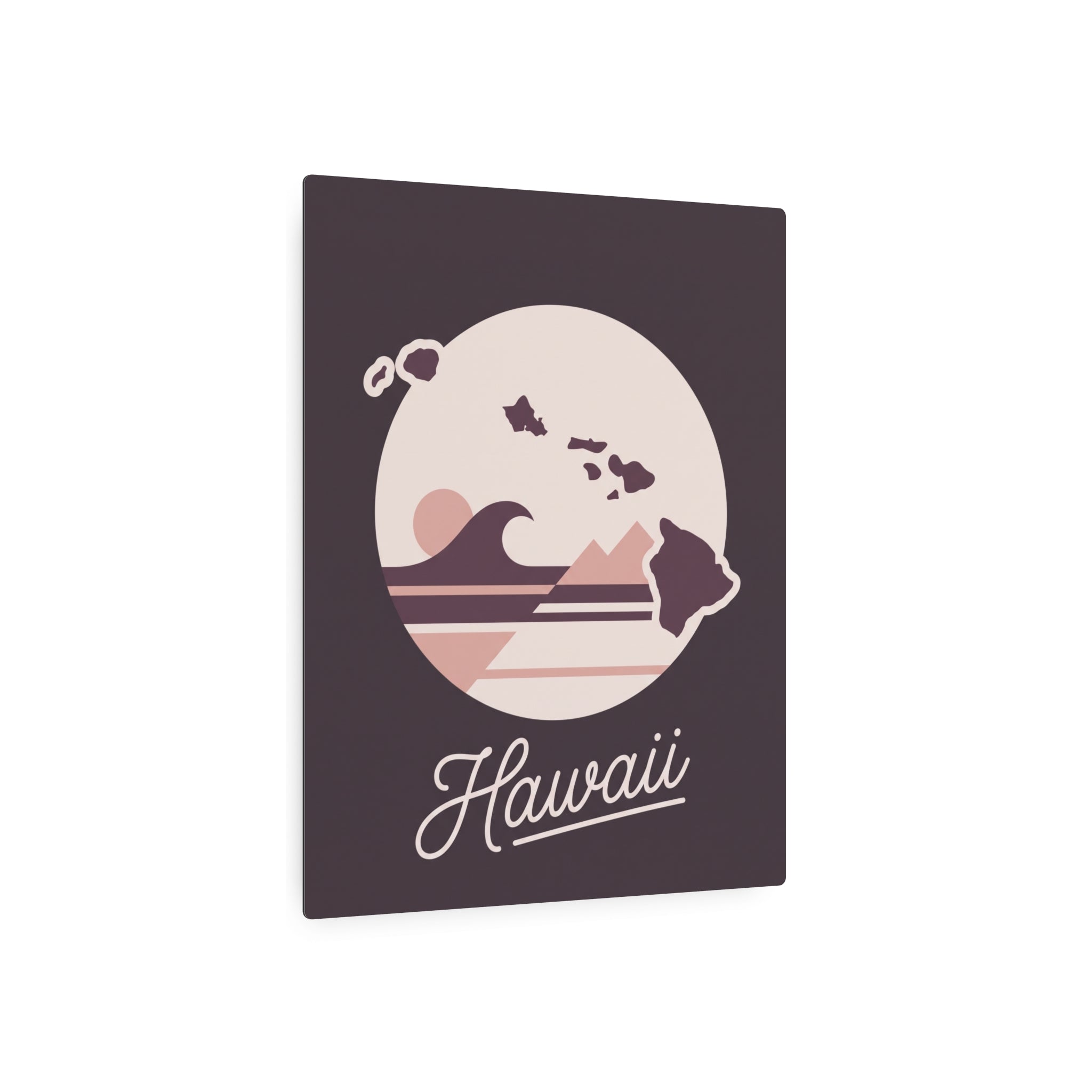Square metal wall art showing Hawaii silhouette, ocean waves, and 'Hawaii' script on dark background