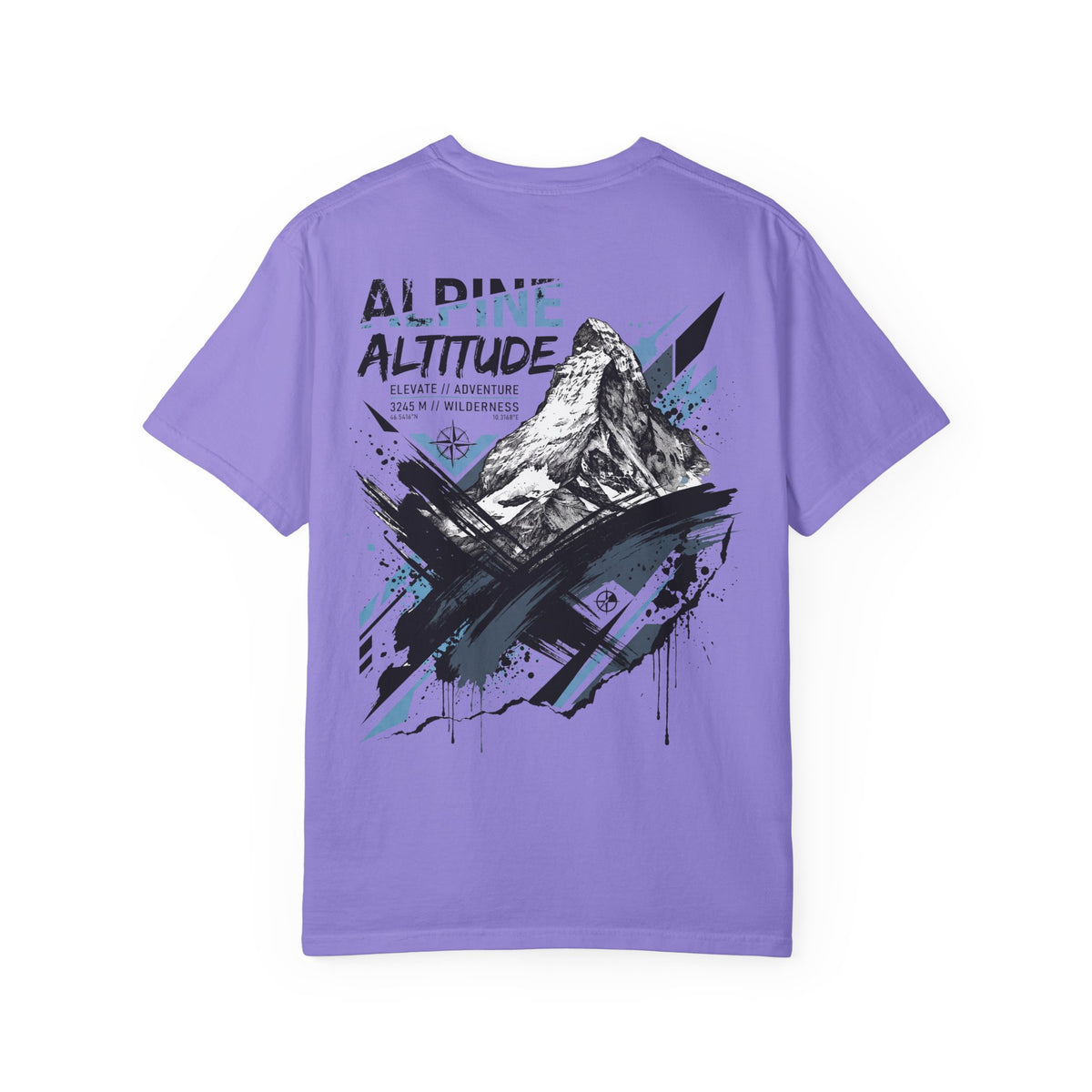 Purple T-shirt with large “ALPINE ALTITUDE” mountain graphic on back