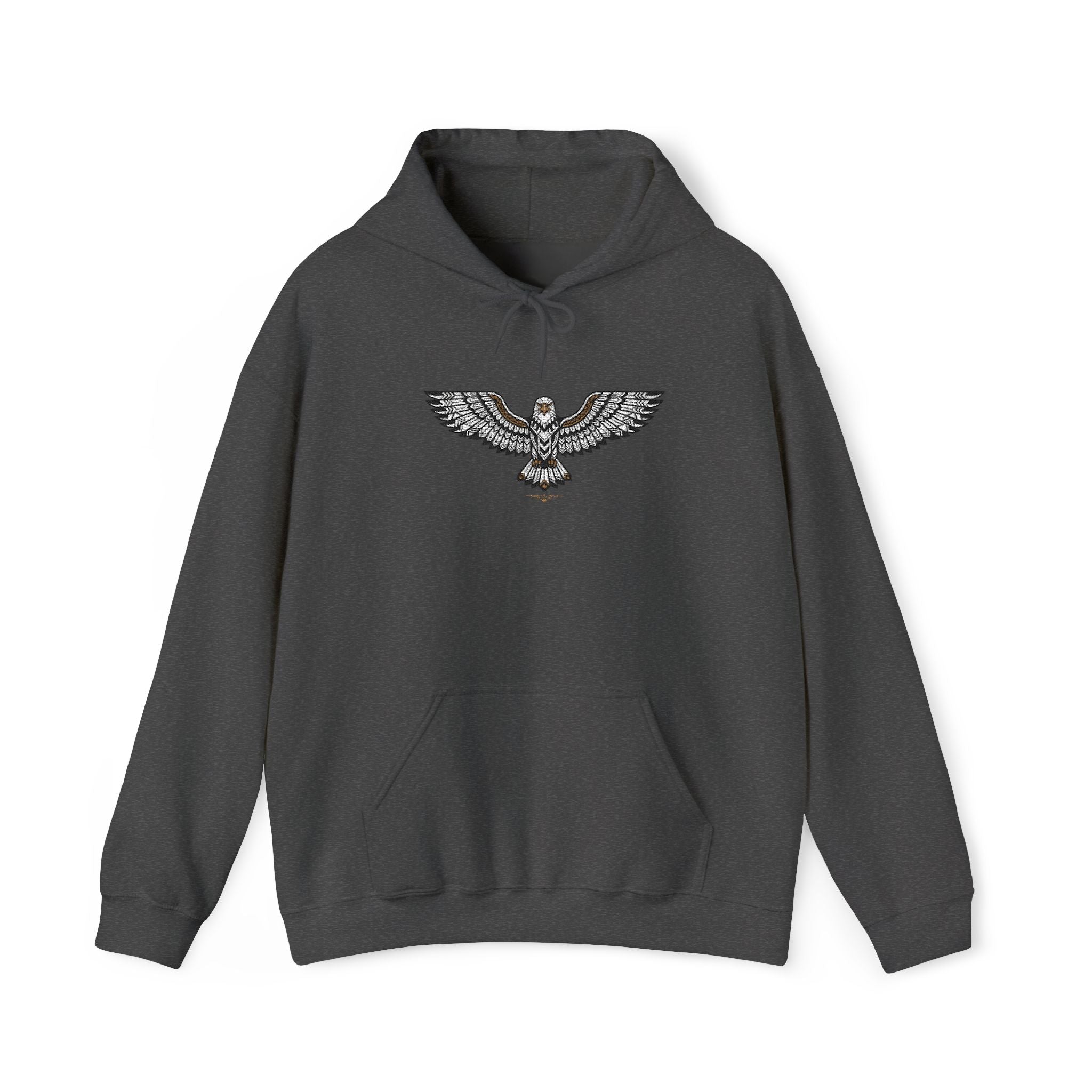 Dark gray unisex hoodie with drawstring hood, front pocket, rhinestone eagle chest design