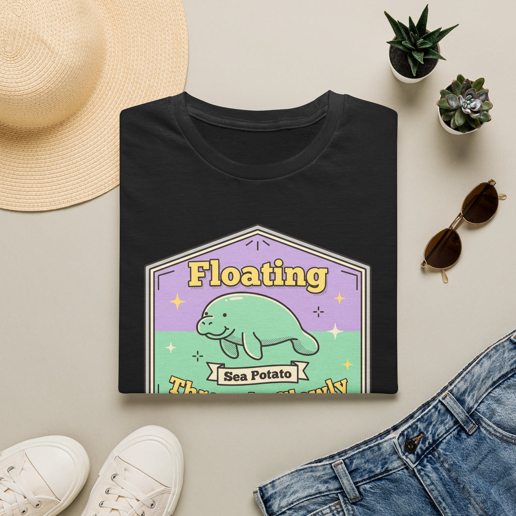 Black manatee T-shirt with "Floating" sea potato graphic in mint and gold