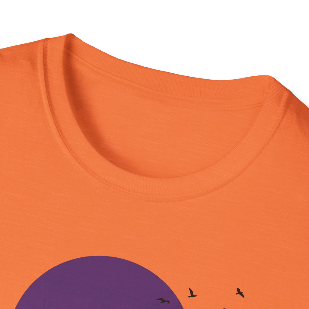 Orange T-shirt close-up: crew neck and purple moon graphic with birds