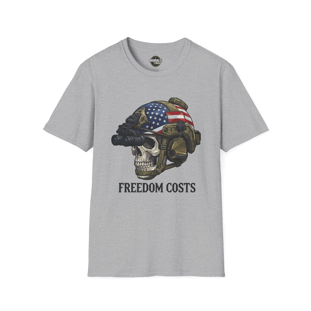 Sport Grey tee: skull soldier helmet, U.S. flag graphic, "FREEDOM COSTS"