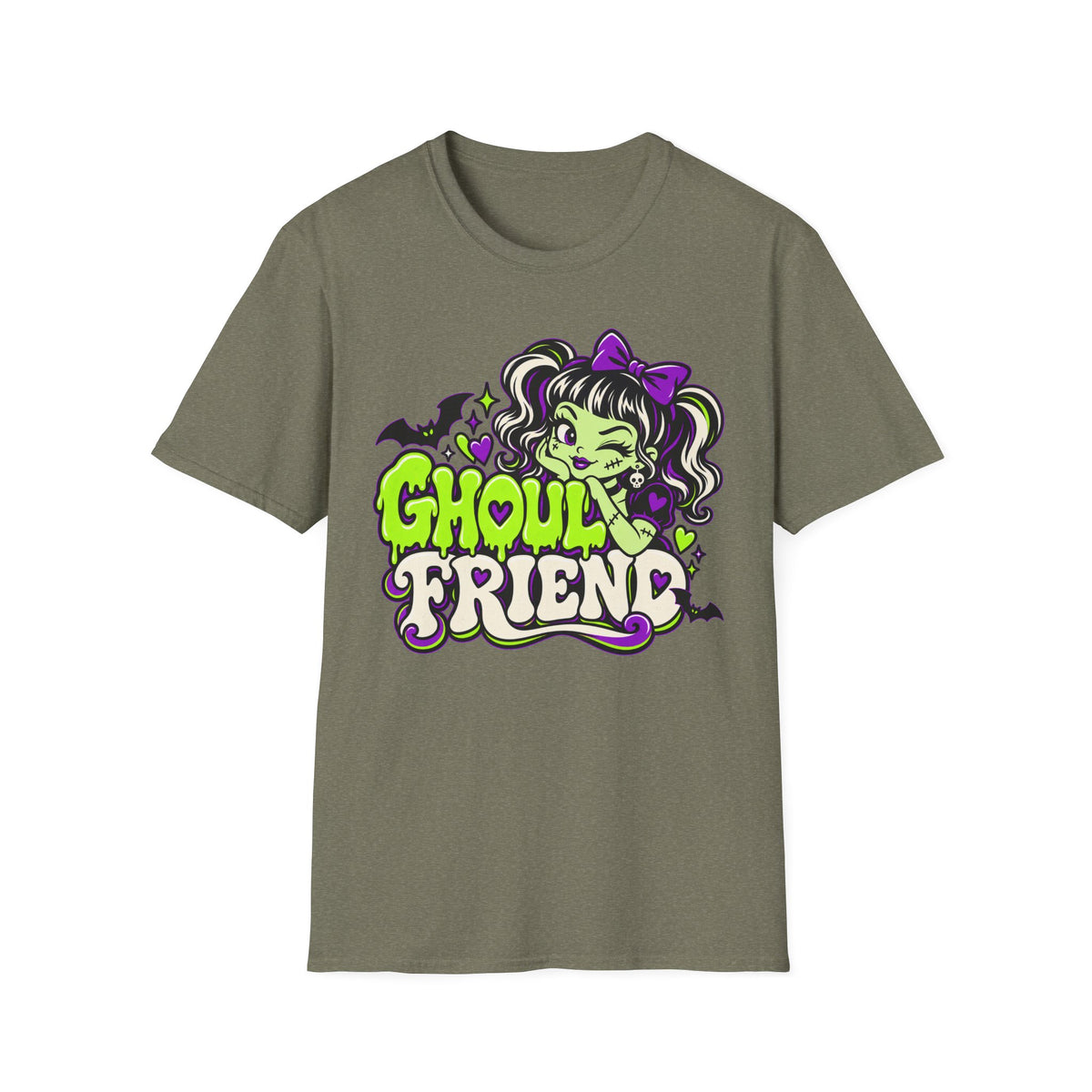 Moss green Halloween graphic t-shirt with cute monster girl “Ghoul Friend” logo