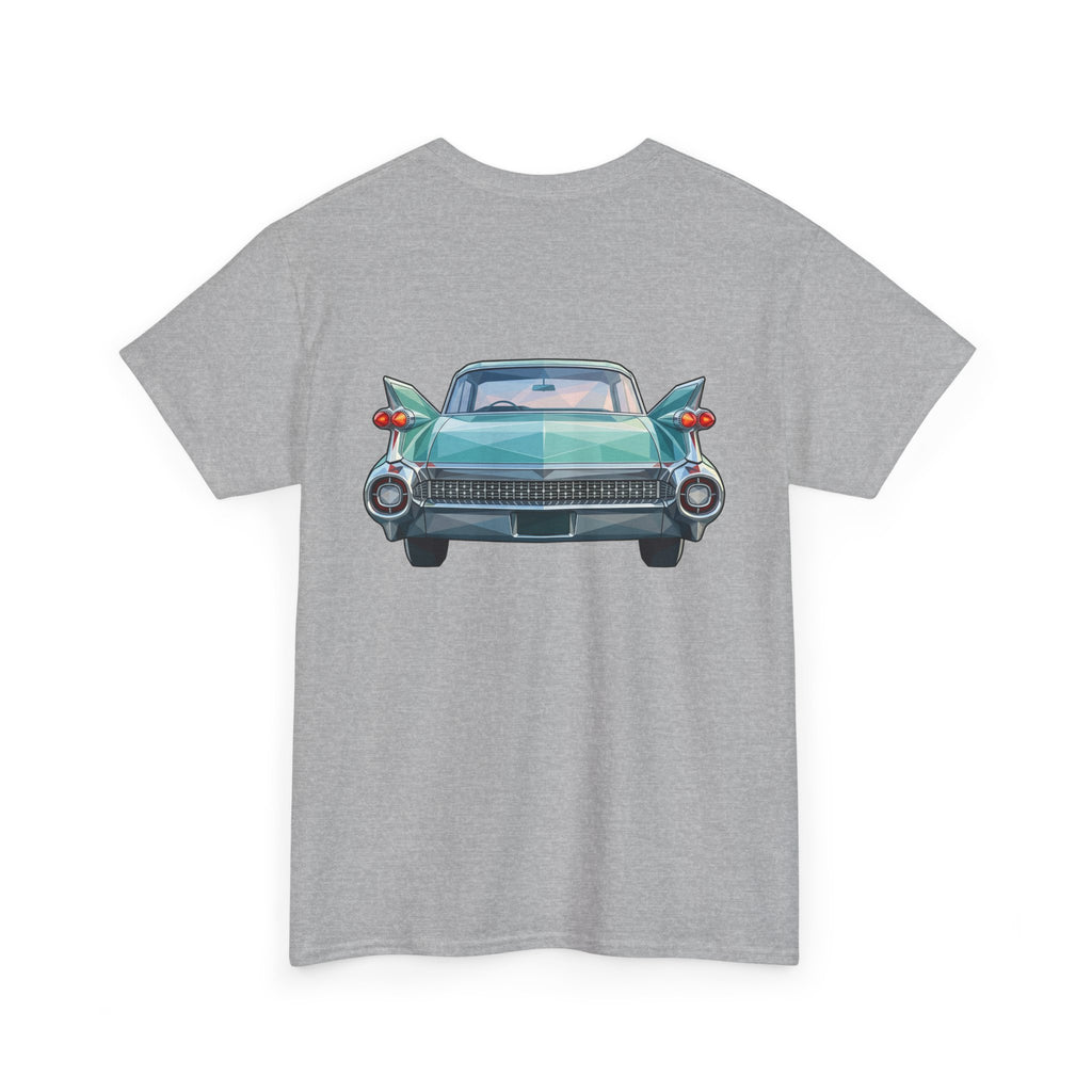 Charcoal t-shirt with teal classic car front illustration, centered