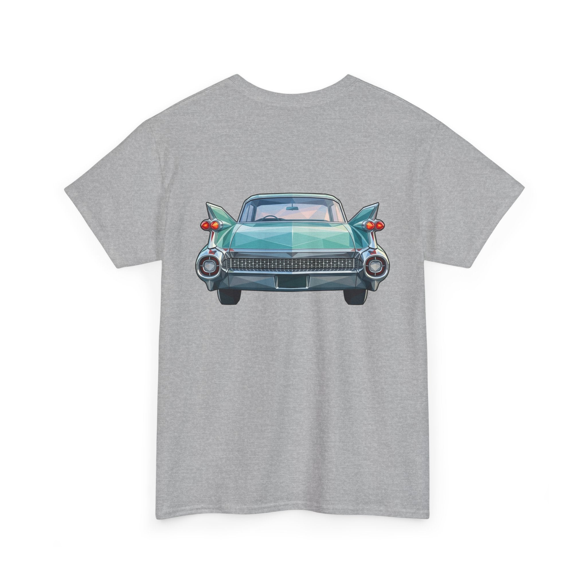 Charcoal t-shirt with teal classic car front illustration, centered