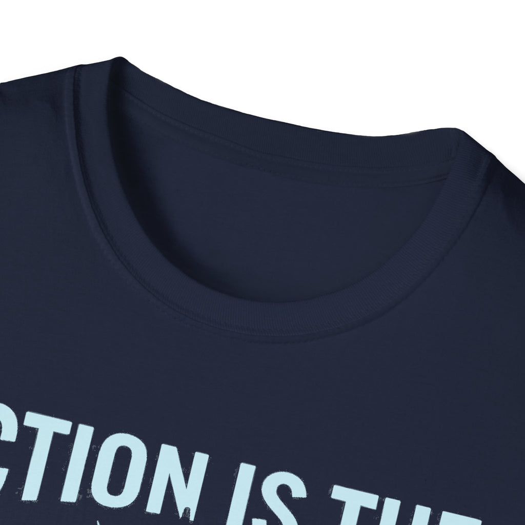 Navy T-shirt close-up, crew neck with motivational quote text print (partial)