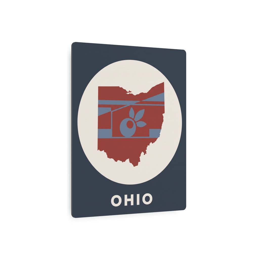 Ohio metal art sign front: red Ohio silhouette with striped buckeye, 'OHIO' on dark blue