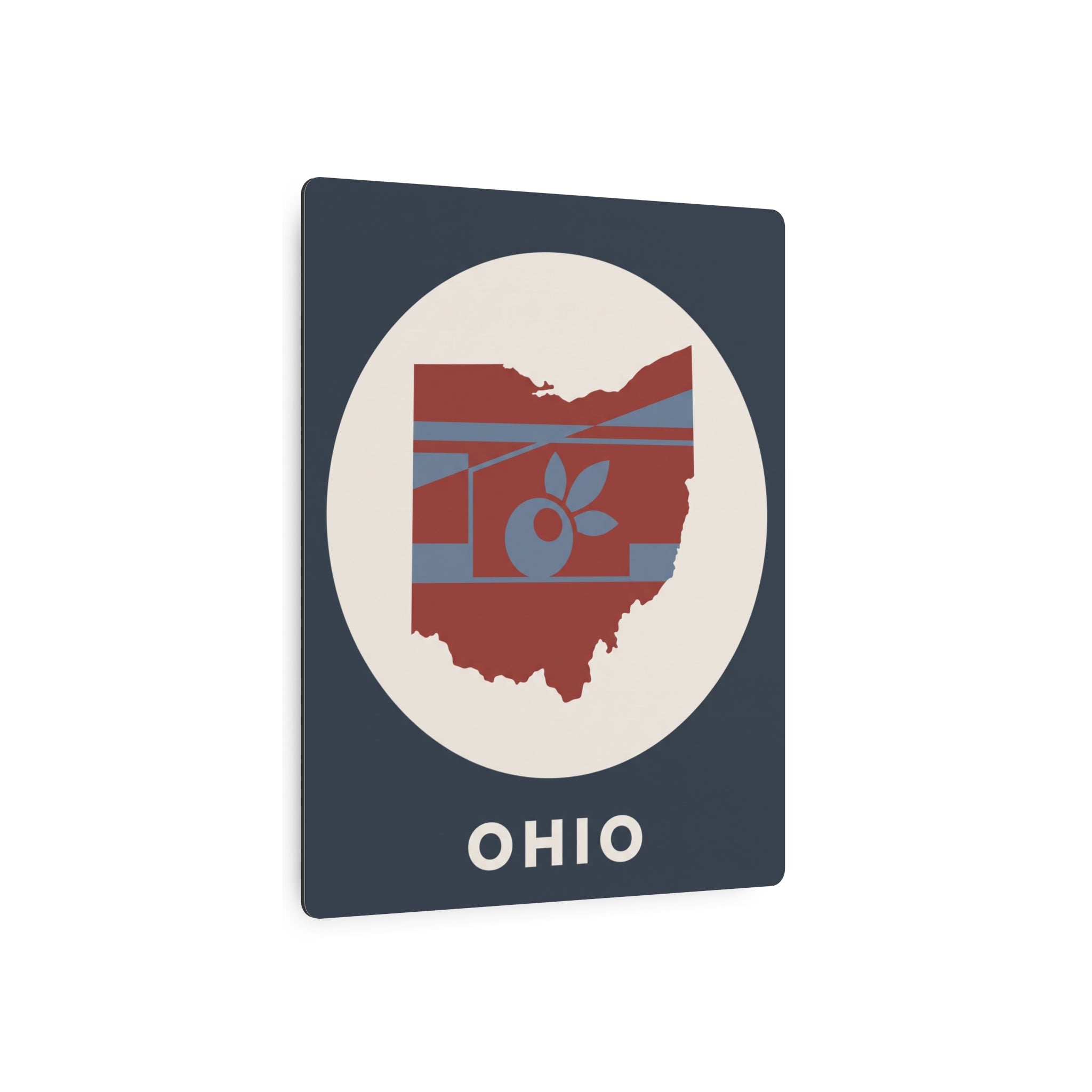 Ohio metal art sign front: red Ohio silhouette with striped buckeye, 'OHIO' on dark blue