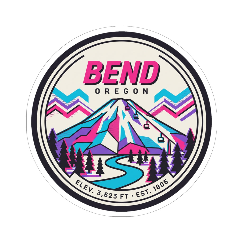 Round retro travel sticker featuring Bend Oregon, neon peak, trees, and winding river