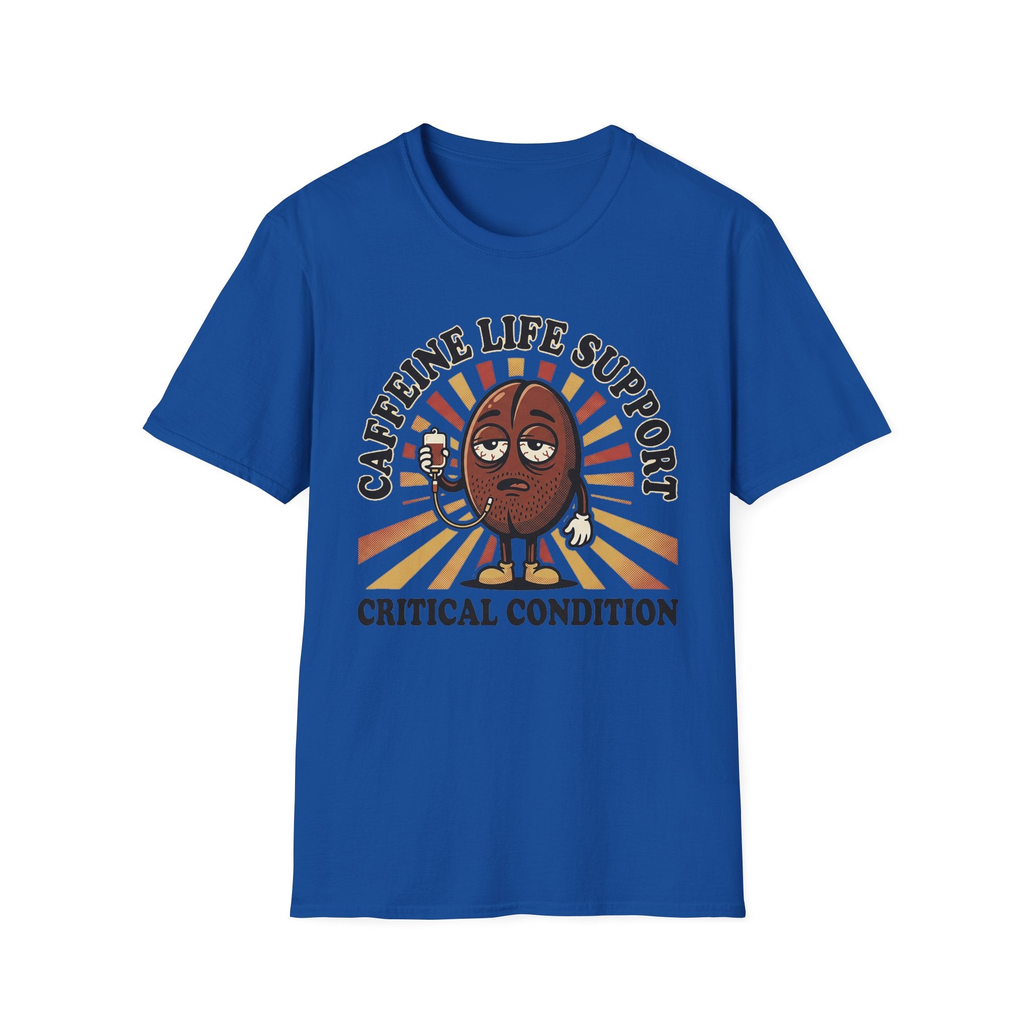 Royal blue T-shirt with coffee bean cartoon and “CRITICAL CONDITION” typography