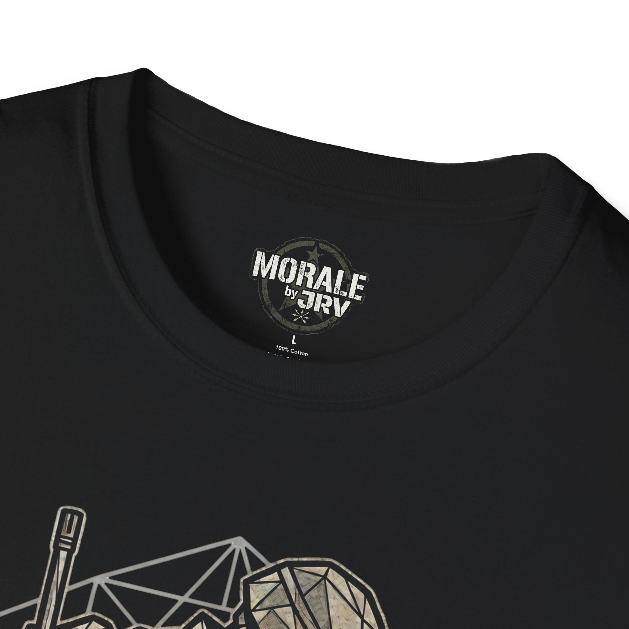 Black T-shirt neckline with “MORALE by JTRI” label