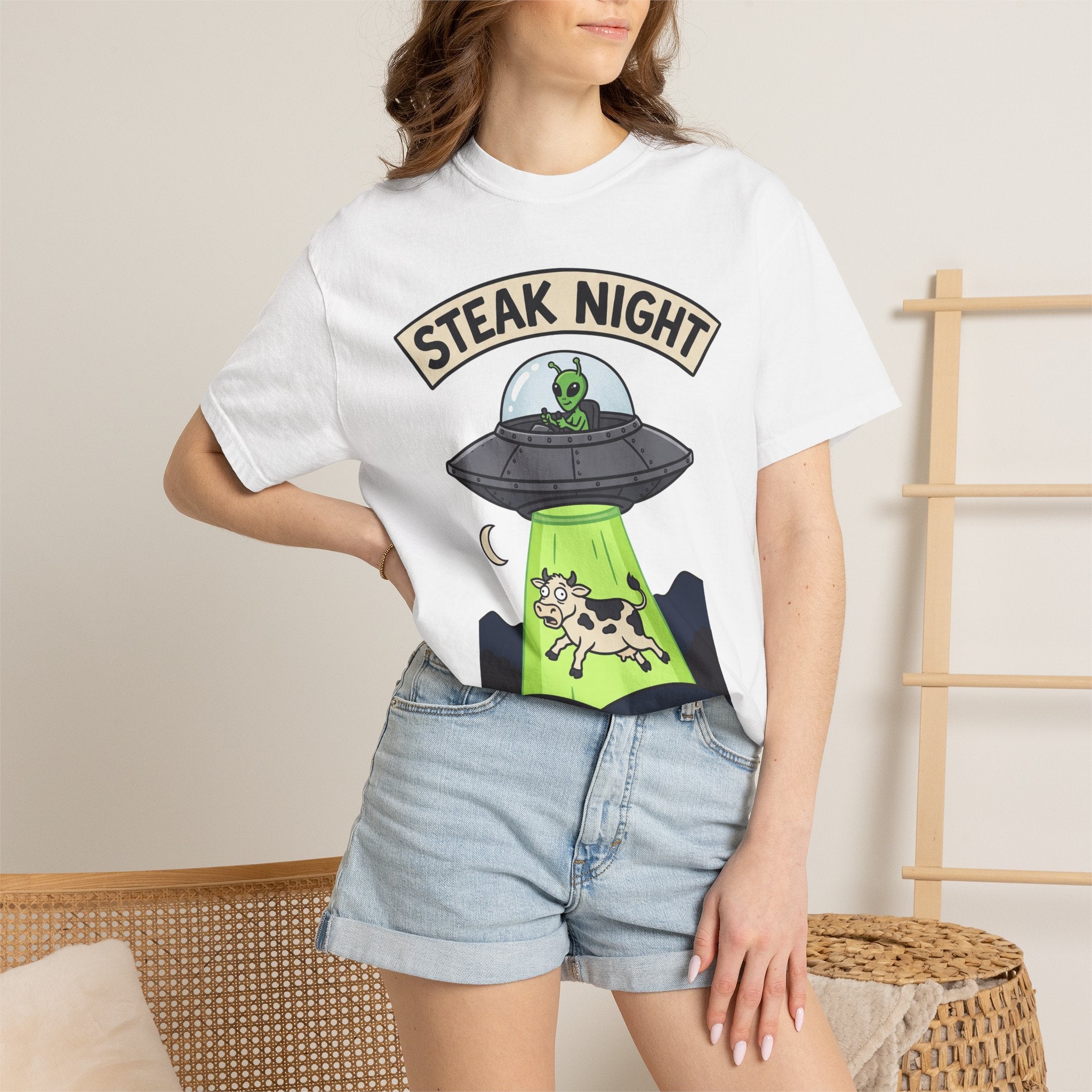 White T-shirt with 'Steak Night' UFO graphic, green alien and cow
