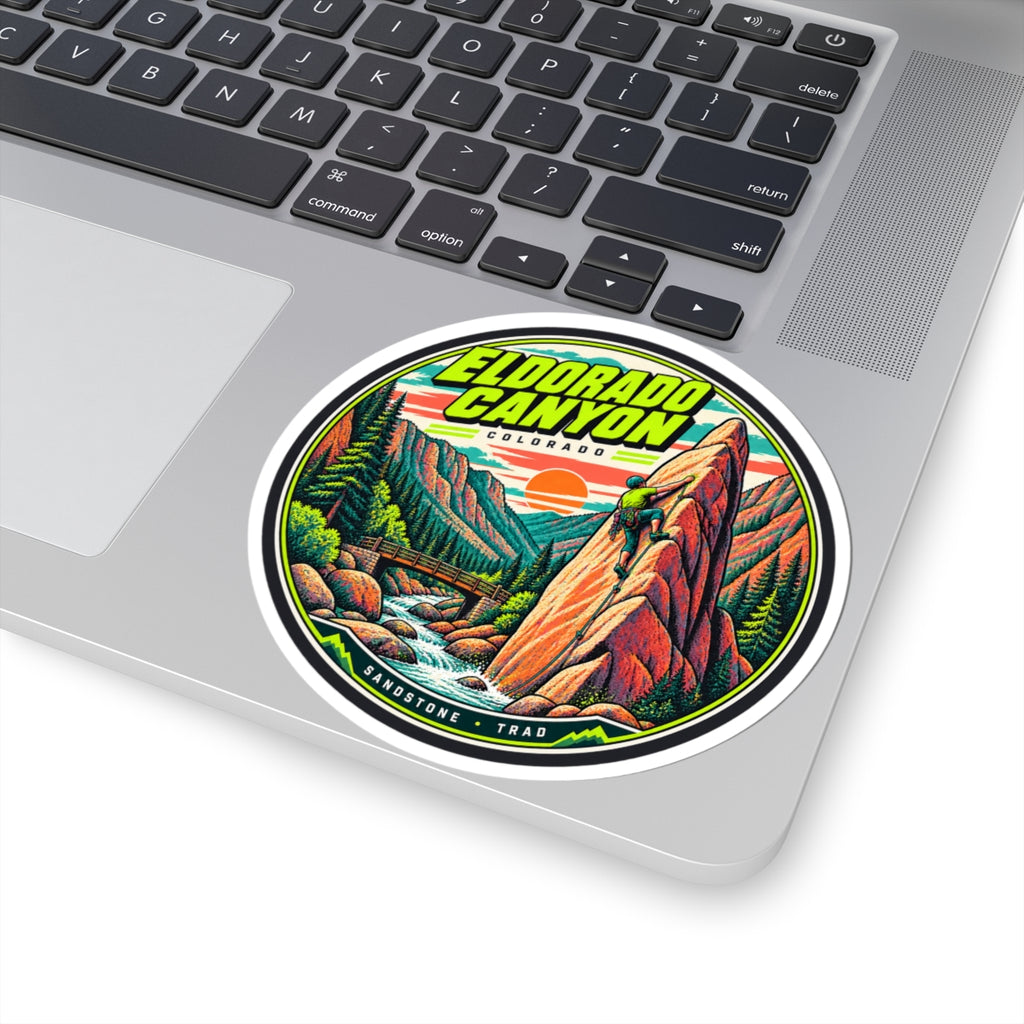 Round vinyl climbing sticker with canyon cliffs, river rocks, and 'Eldorado Canyon Colorado' text.