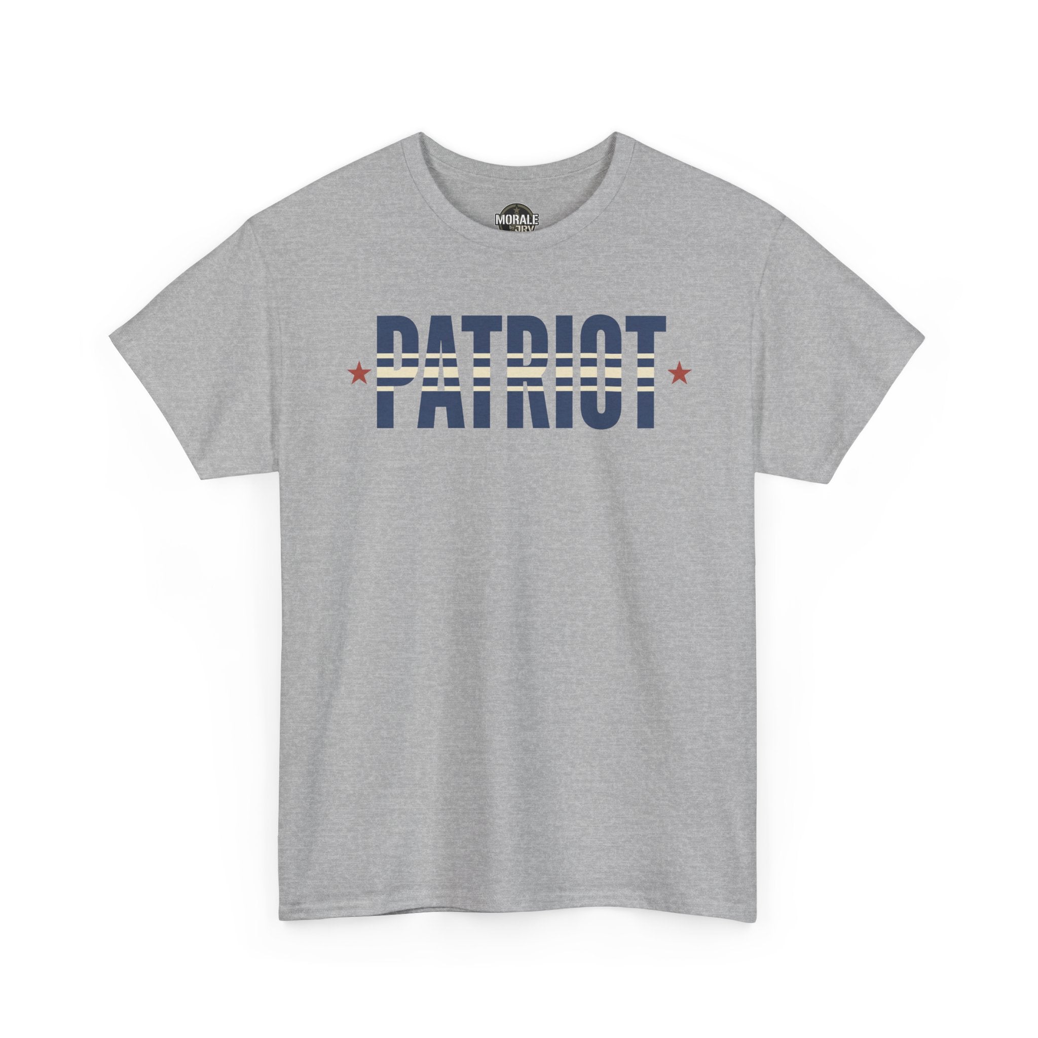 Sport gray T-shirt with crew neck and short sleeves, front “PATRIOT” graphic.