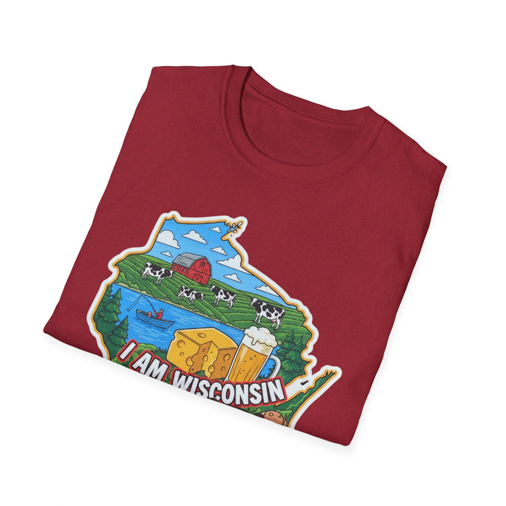 I Am Wisconsin map T-shirt in red, angled view with Wisconsin state map graphic