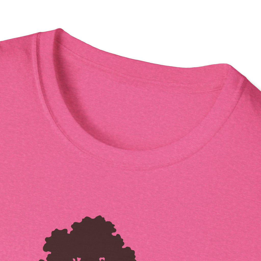 Pink T-shirt close-up of crew neck; partial sequoia tree graphic near bottom