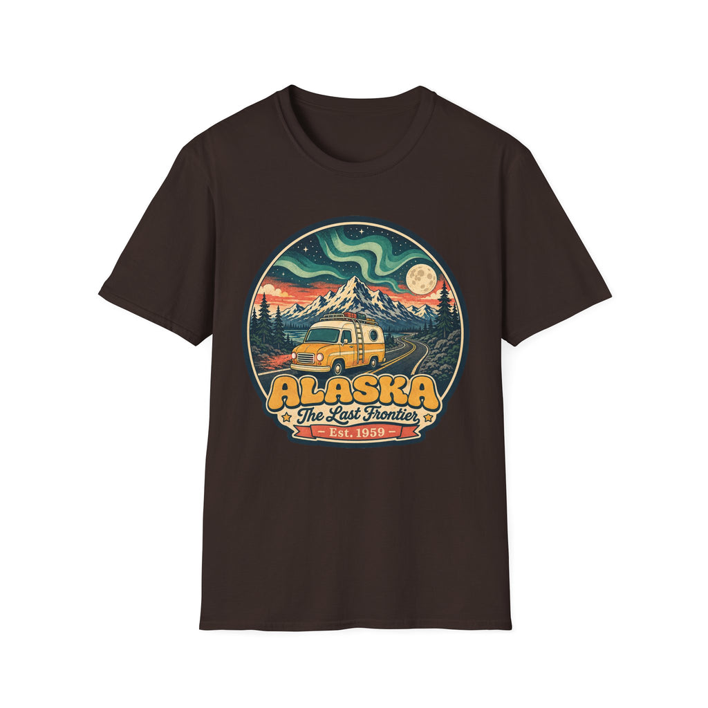 Unisex graphic T-shirt, dark brown, round Alaska logo with mountain and cabin vehicle art