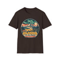 Unisex graphic T-shirt, dark brown, round Alaska logo with mountain and cabin vehicle art