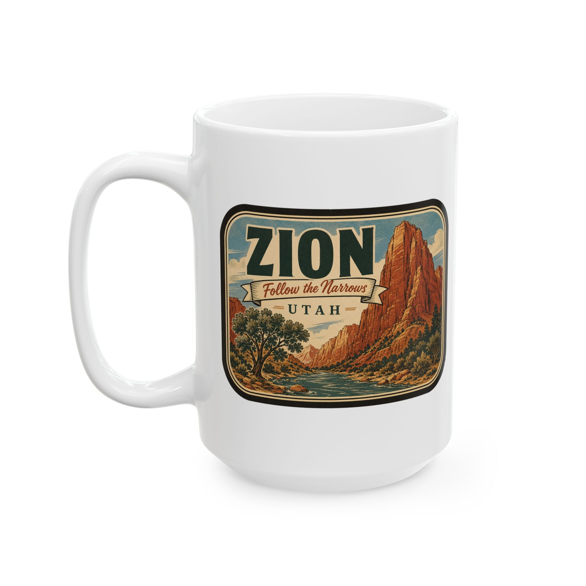 White ceramic mug with “ZION” canyon scene graphic and “UTAH” text, front view