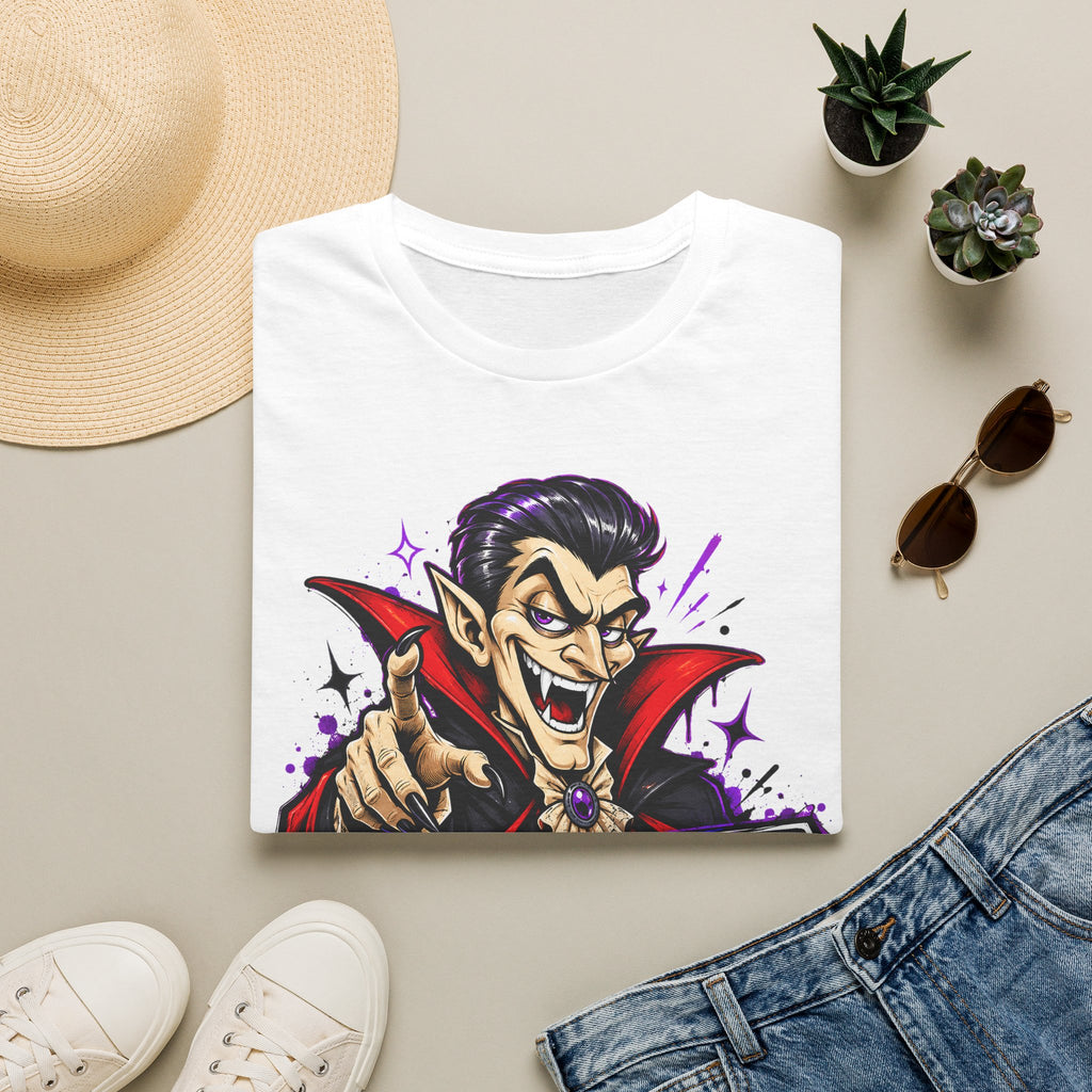 White T-shirt with colorful cartoon vampire pointing graphic