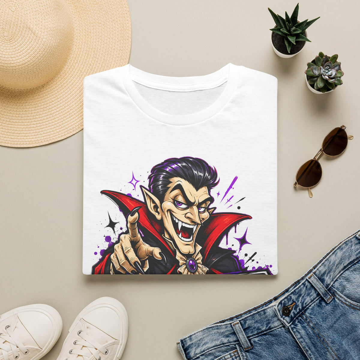 White T-shirt with colorful cartoon vampire pointing graphic