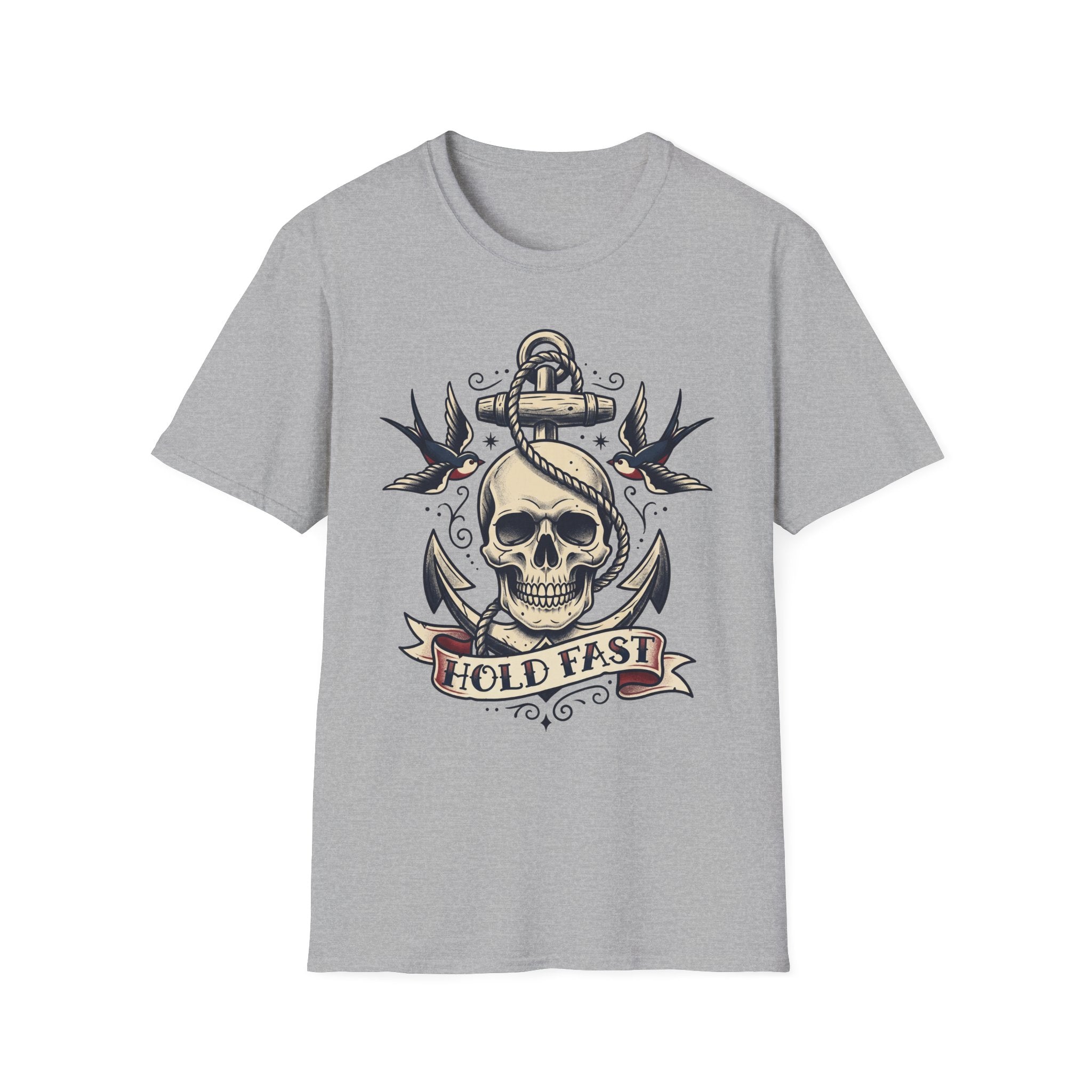 Light gray T-shirt with skull anchor tattoo graphic and “HOLD FAST” banner