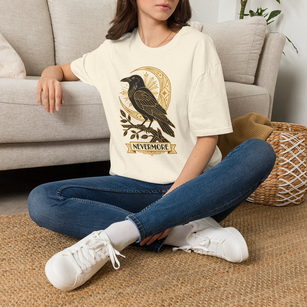 Cream graphic T-shirt with black raven and gold moon emblem