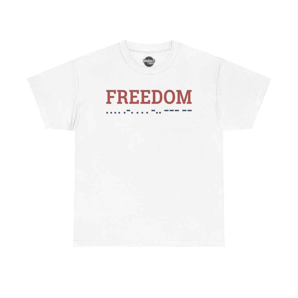 Freedom T-shirt, white crewneck with 'FREEDOM' Morse code graphic