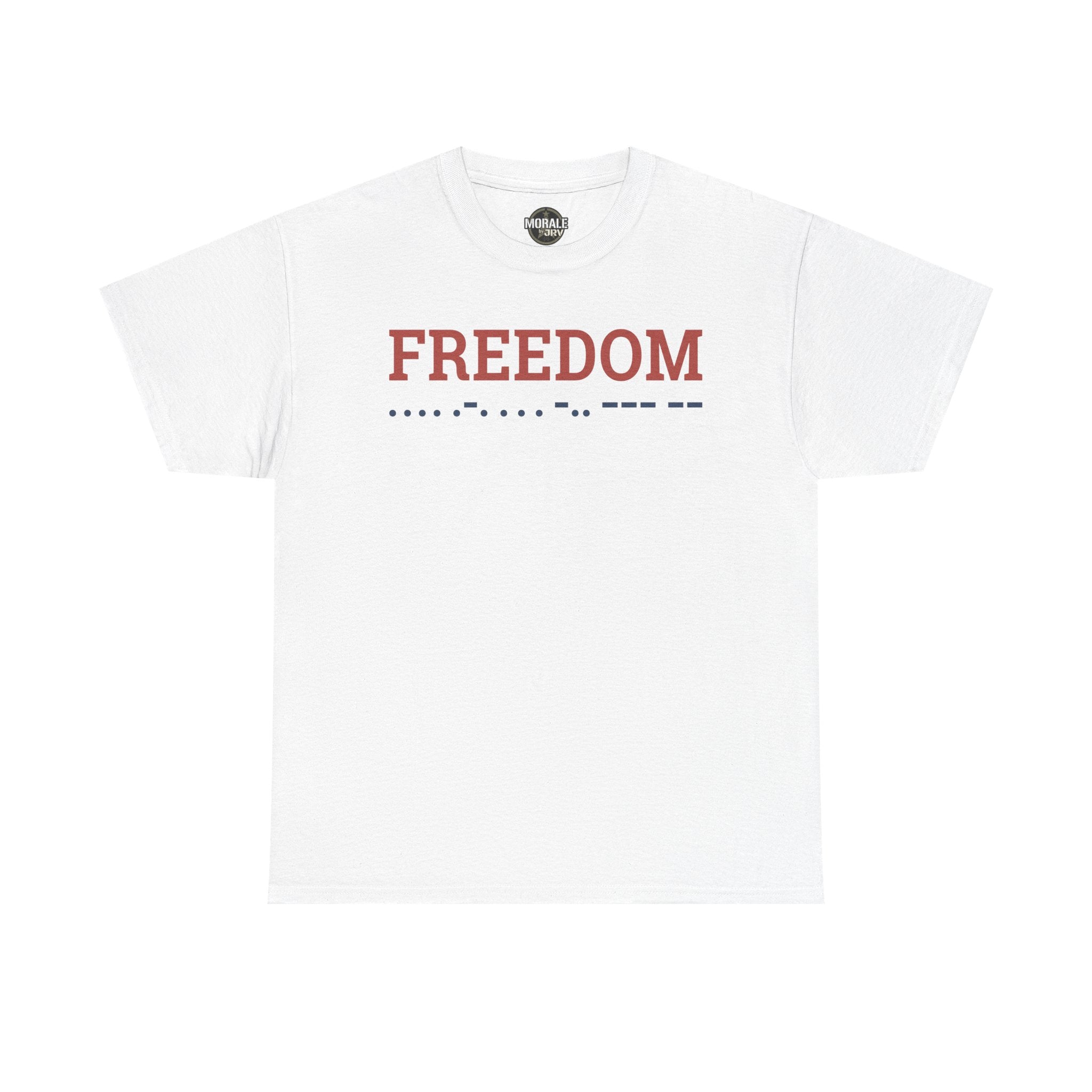 Freedom T-shirt, white crewneck with 'FREEDOM' Morse code graphic