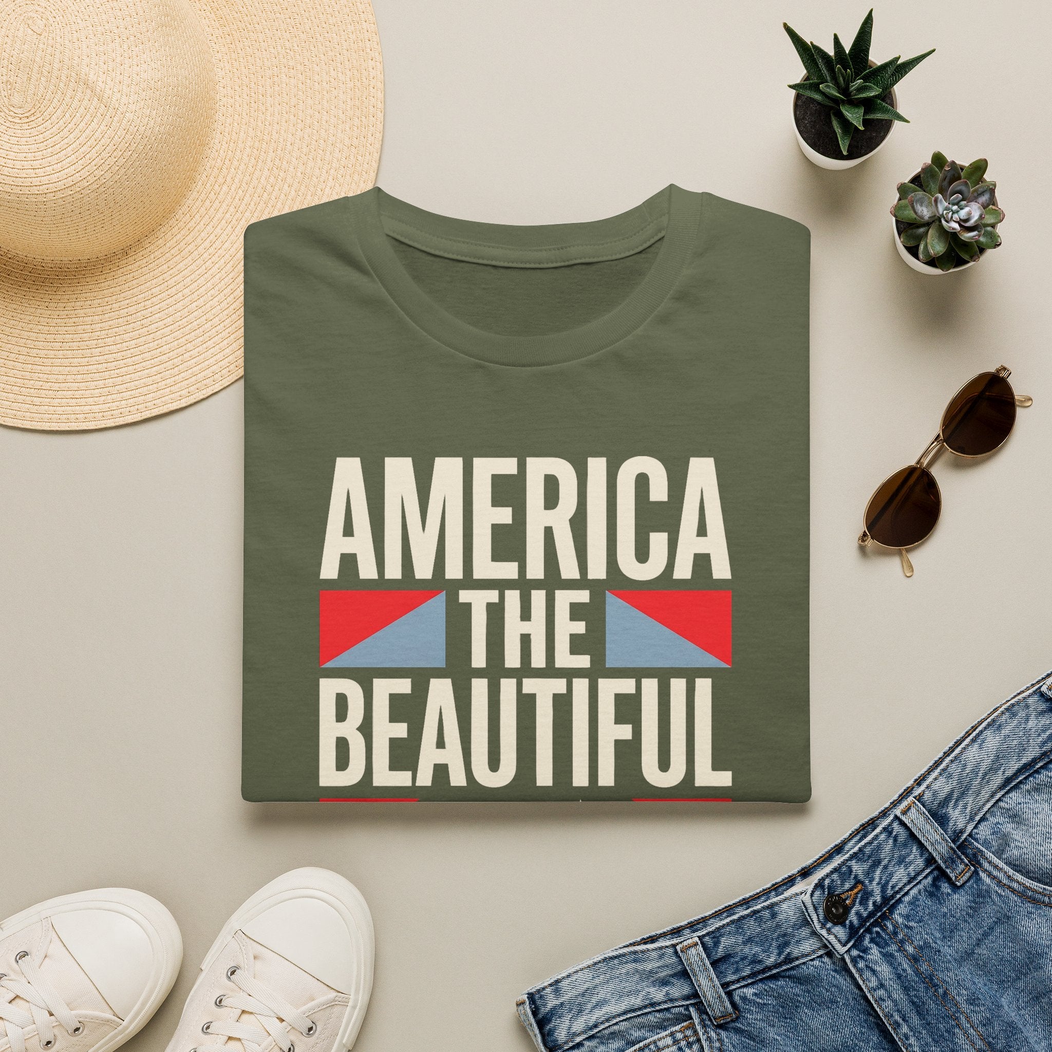 Military green T-shirt with 'AMERICA THE BEAUTIFUL' patriotic flag graphic