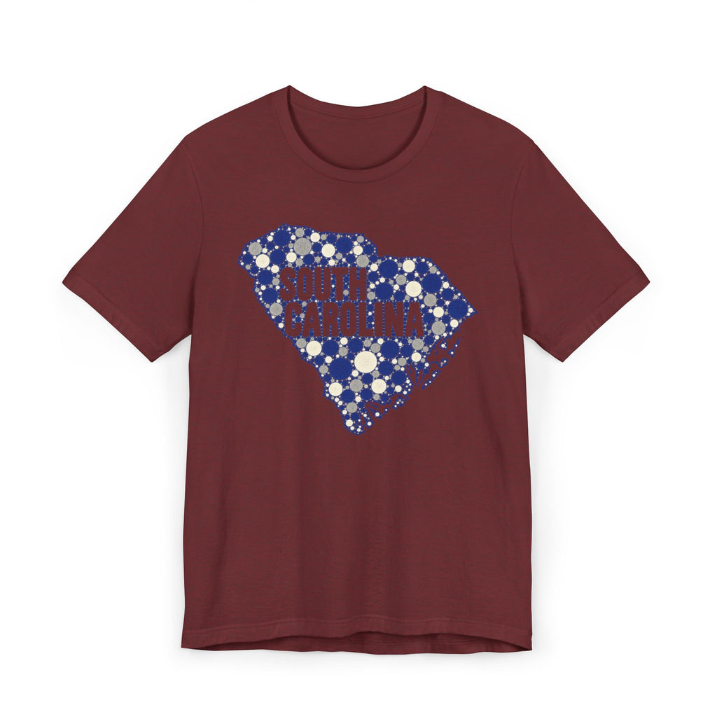 Burgundy T-shirt with blue dotted South Carolina outline and “South Carolina” text