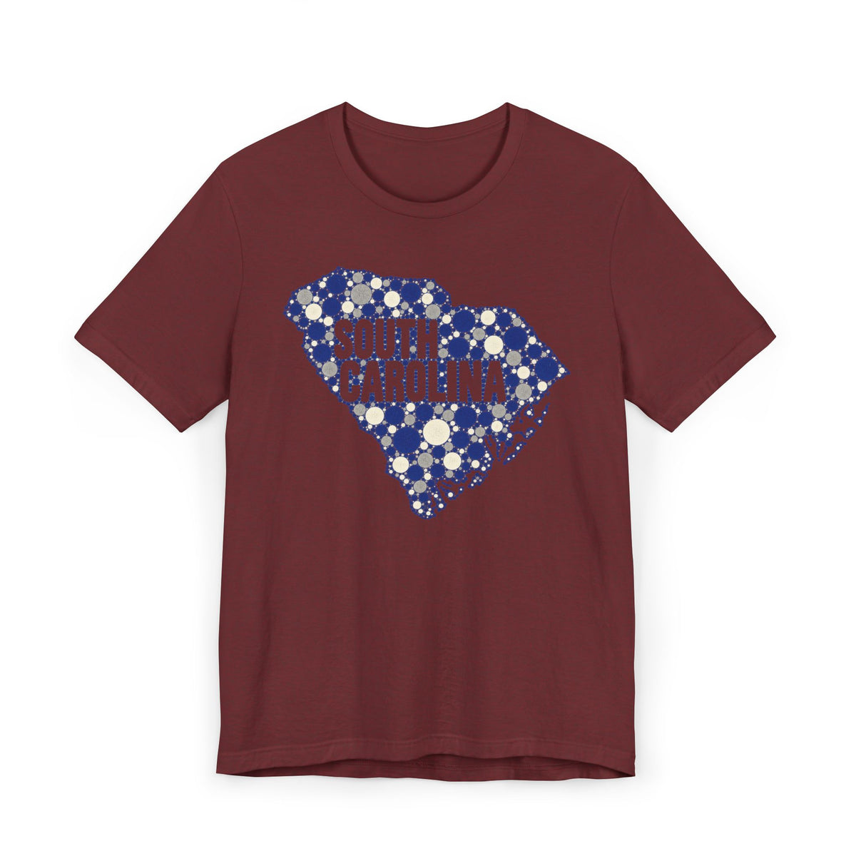 Burgundy T-shirt with blue dotted South Carolina outline and “South Carolina” text