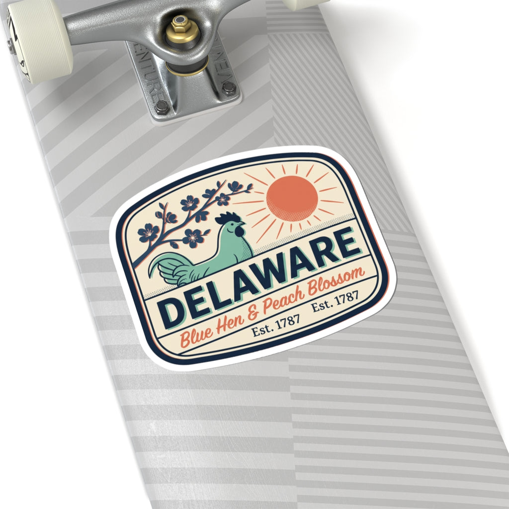 Delaware badge sticker on striped notebook paper, blue hen, peach blossom, Est. 1787