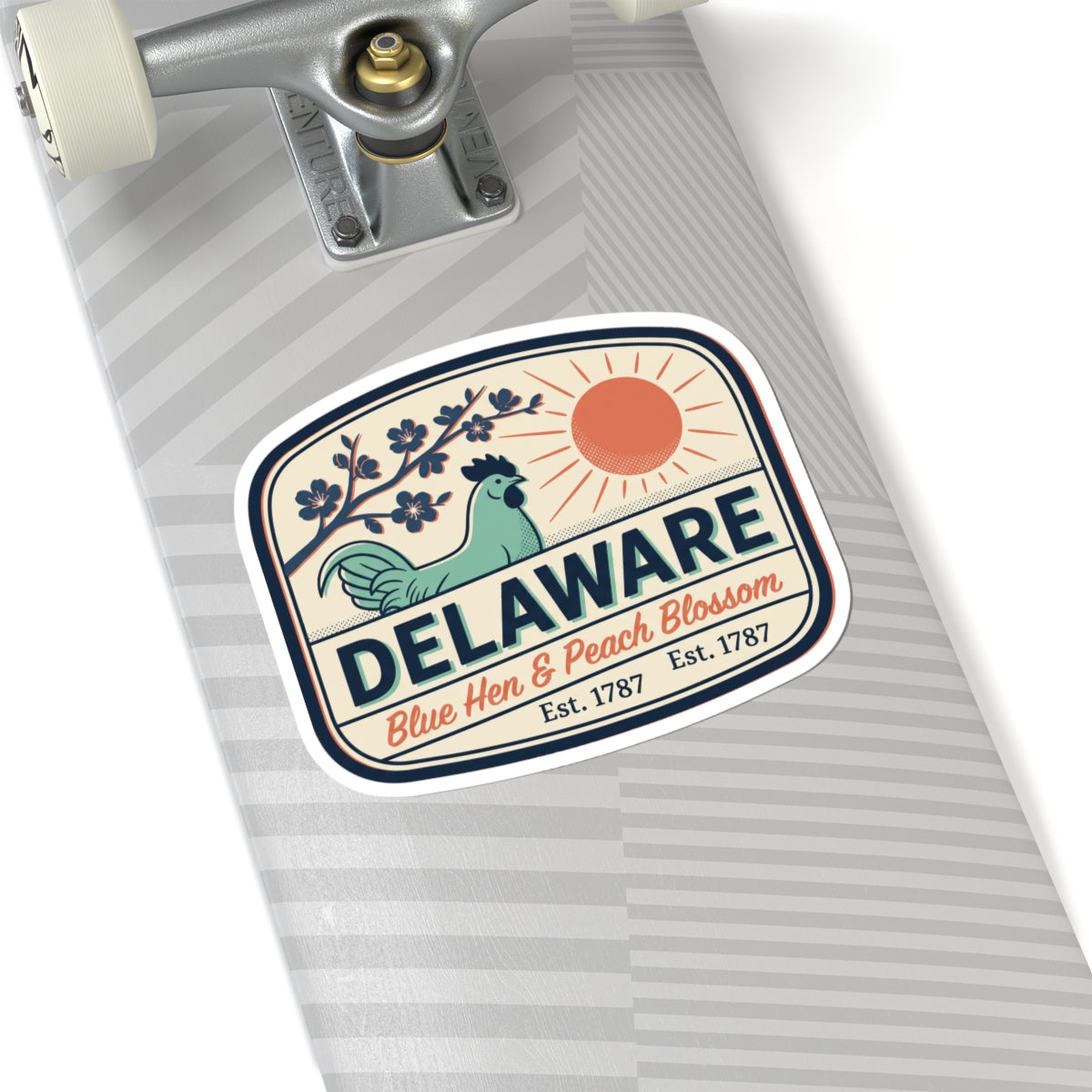 Delaware badge sticker on striped notebook paper, blue hen, peach blossom, Est. 1787