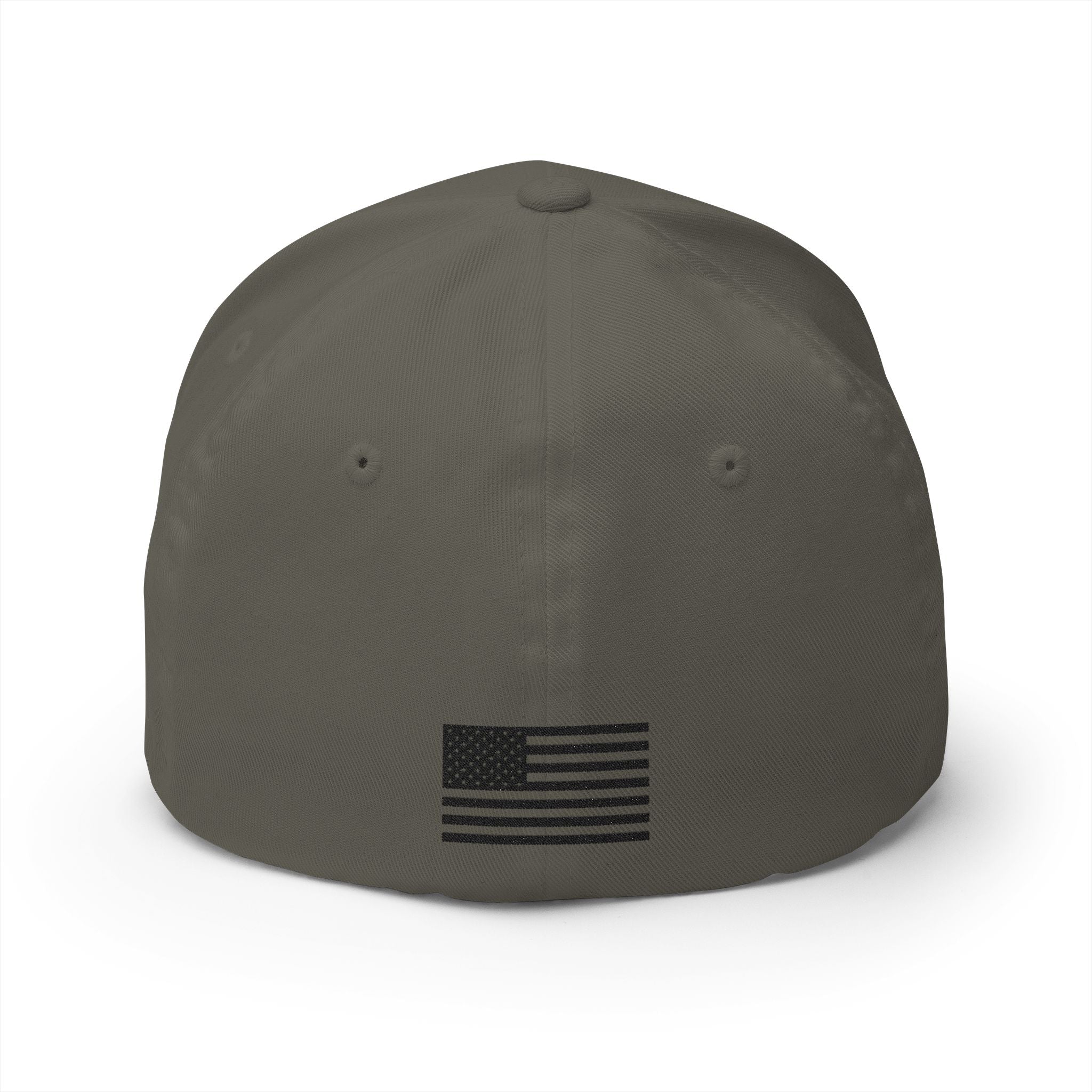Dark gray embroidered baseball cap with US flag patch on front