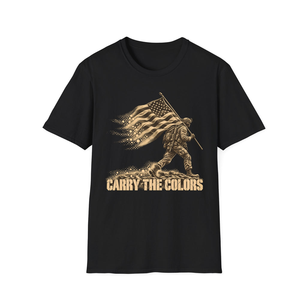 Black t-shirt with gold soldier carrying flag graphic and “CARRY THE COLORS” text