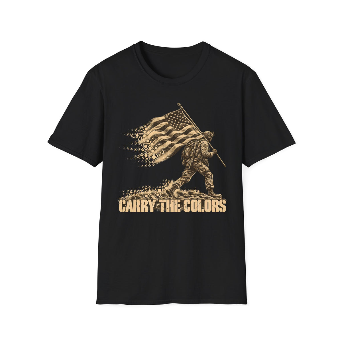 Black t-shirt with gold soldier carrying flag graphic and “CARRY THE COLORS” text