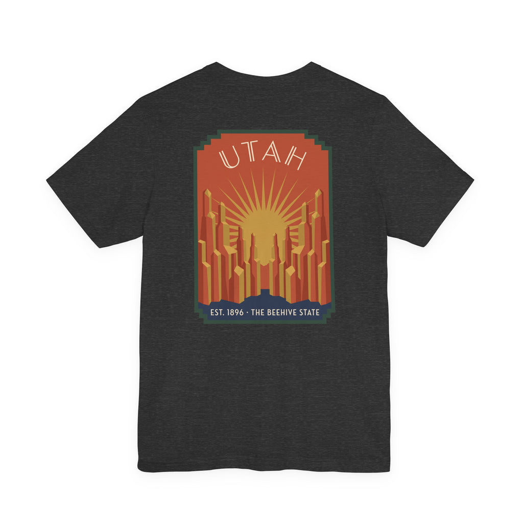 Dark charcoal T-shirt with Utah sunrise art deco square graphic, UTAH text and skyline