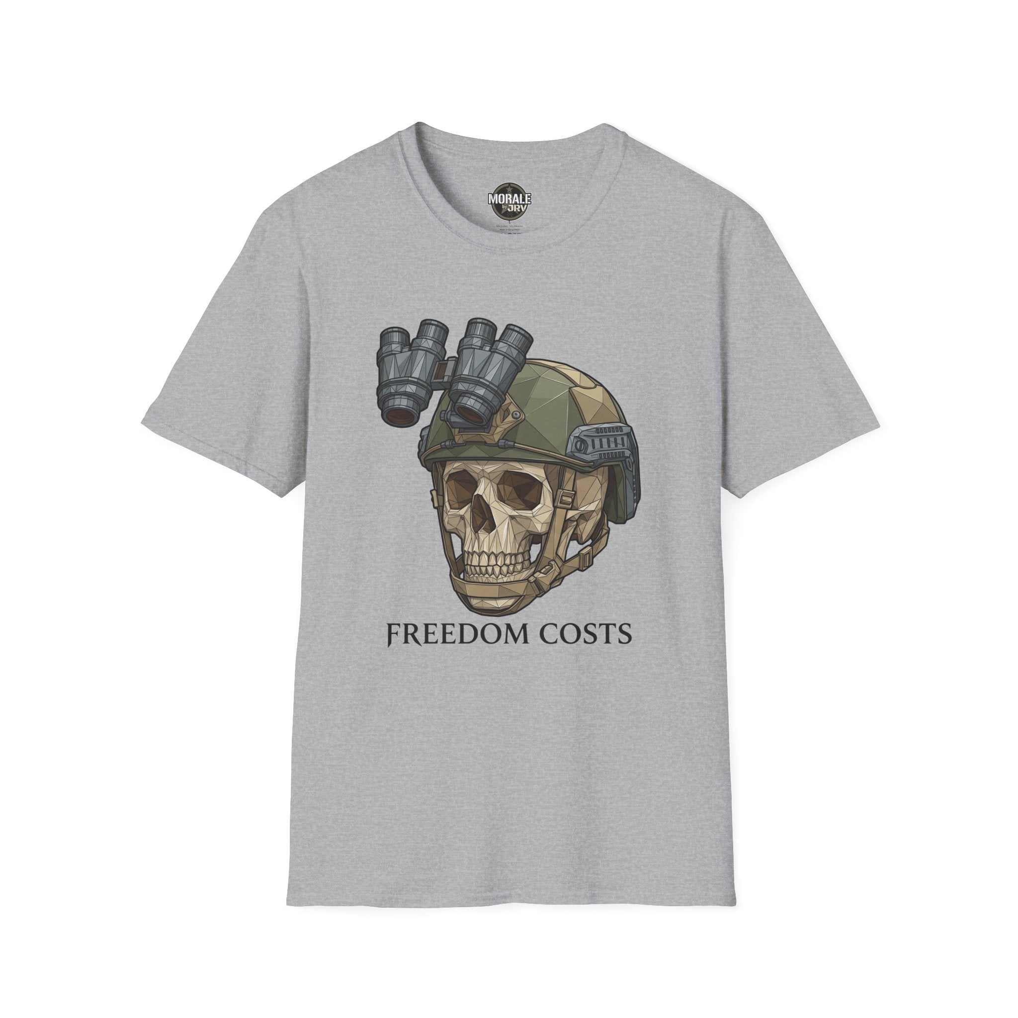 Sport Grey tactical skull NVG graphic T-shirt with “FREEDOM COSTS” text