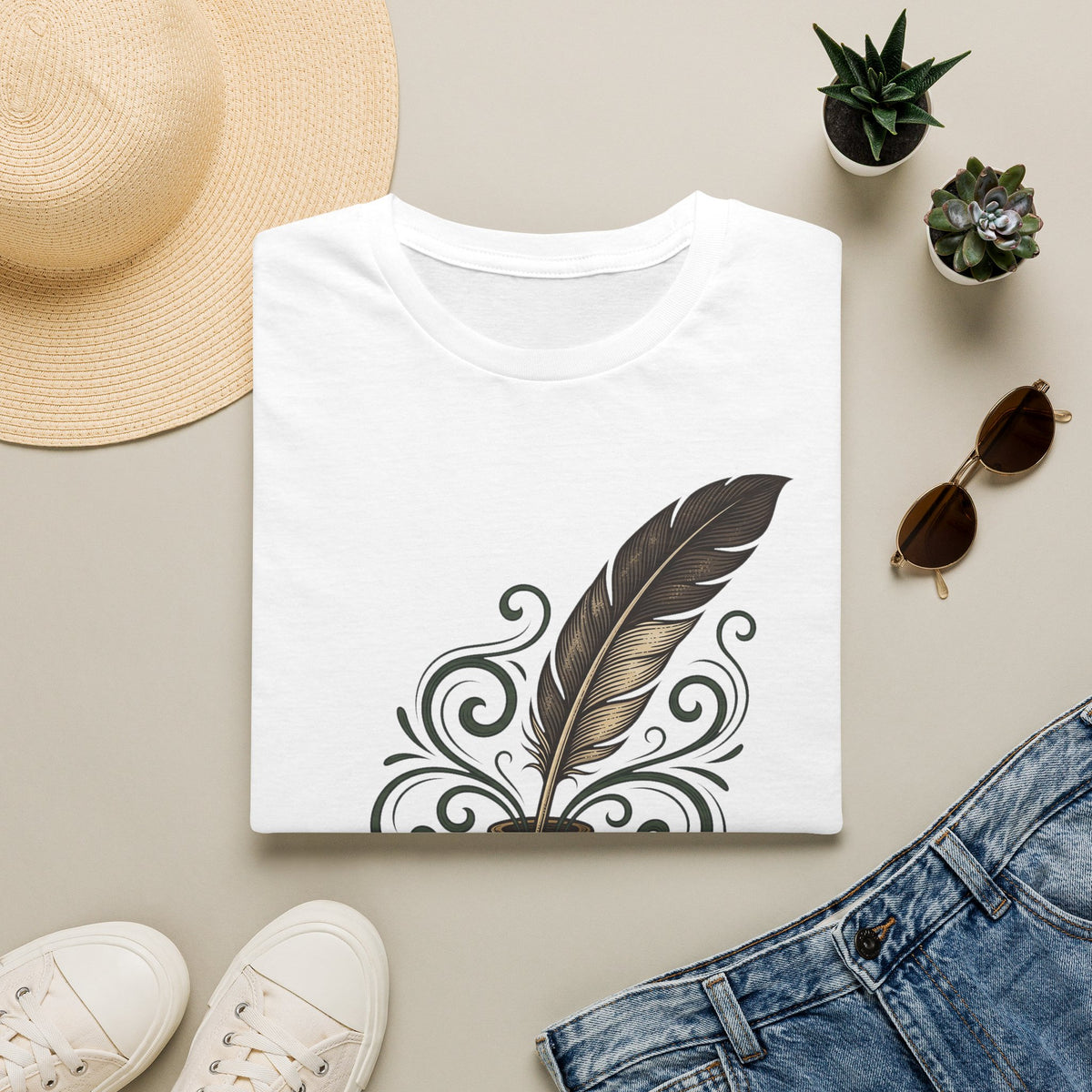 White quill feather graphic T-shirt, crew neck short sleeve with scroll design